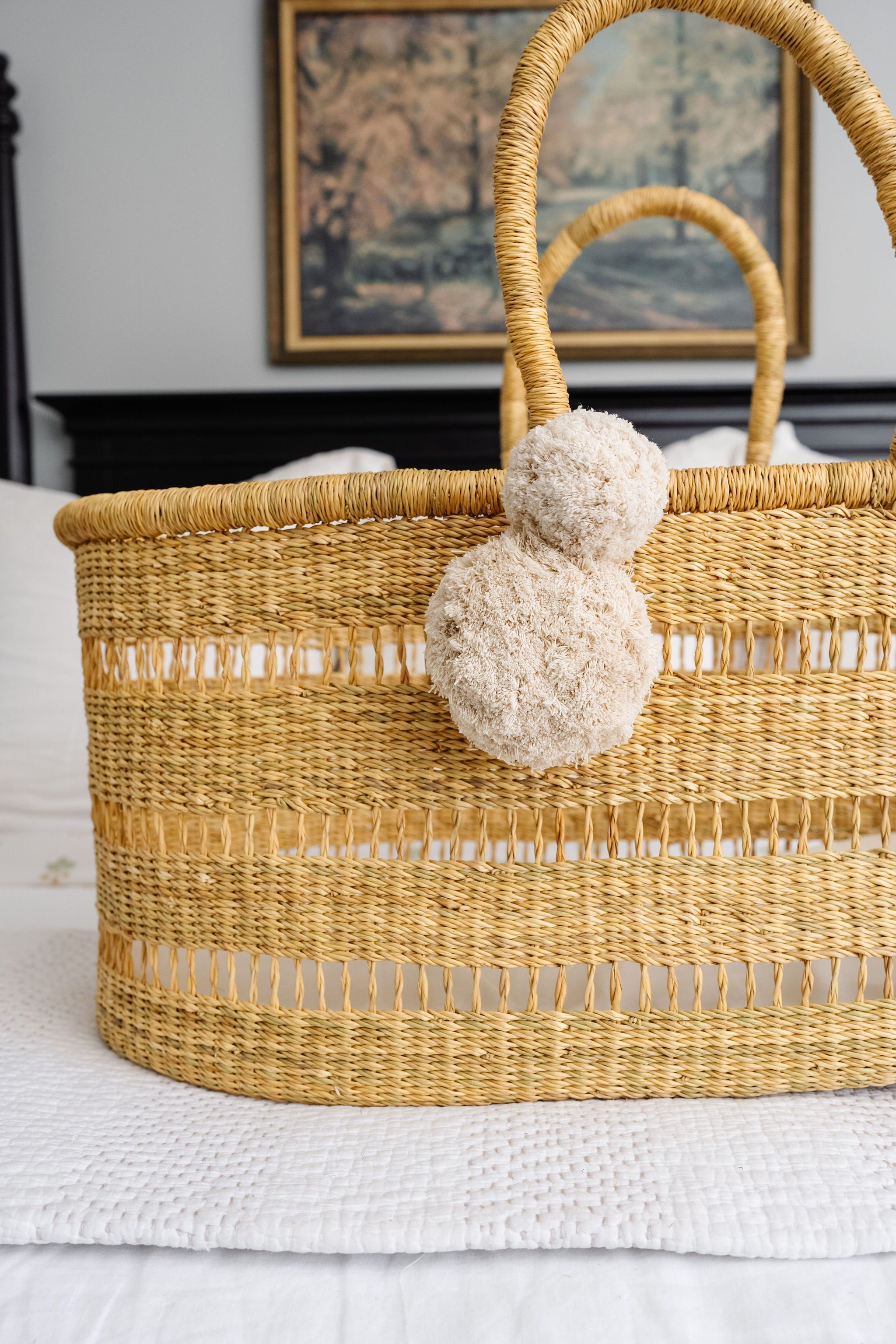 Modern Open Weave  African Moses Basket  no Hood  Vegan Handle