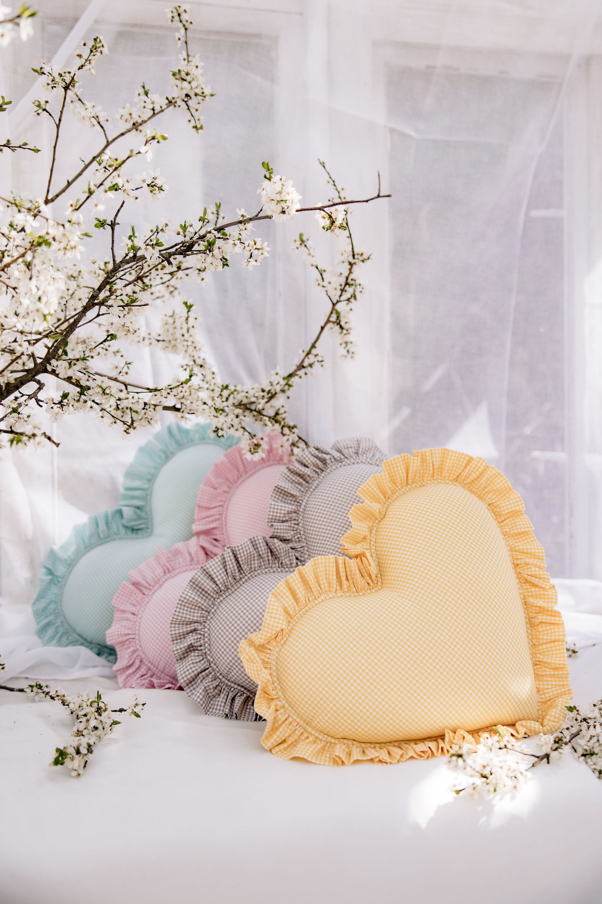 "butter Yellow" Heart Pillow With Checkered Frill