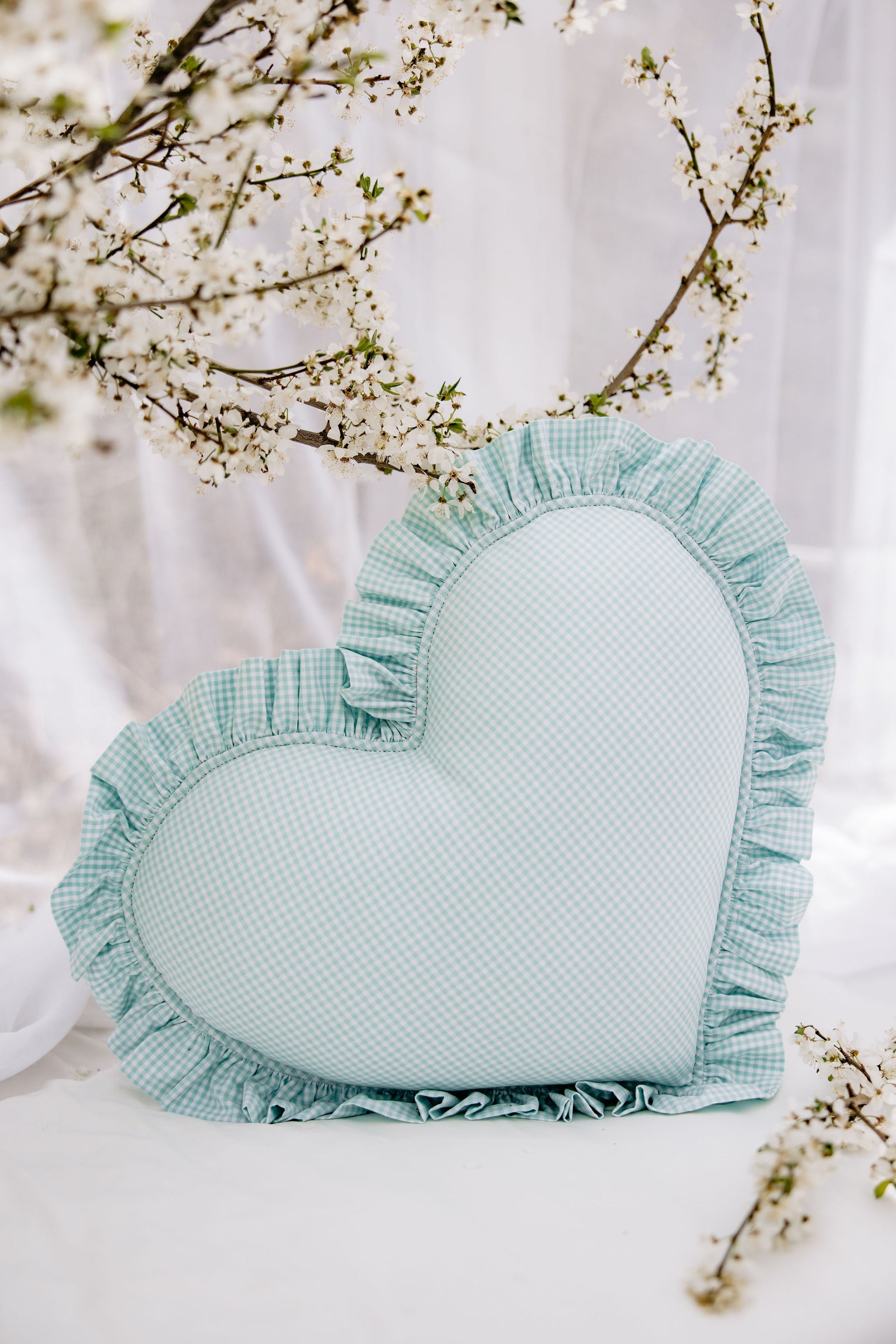 "mint" Heart Pillow With Checkered Frill