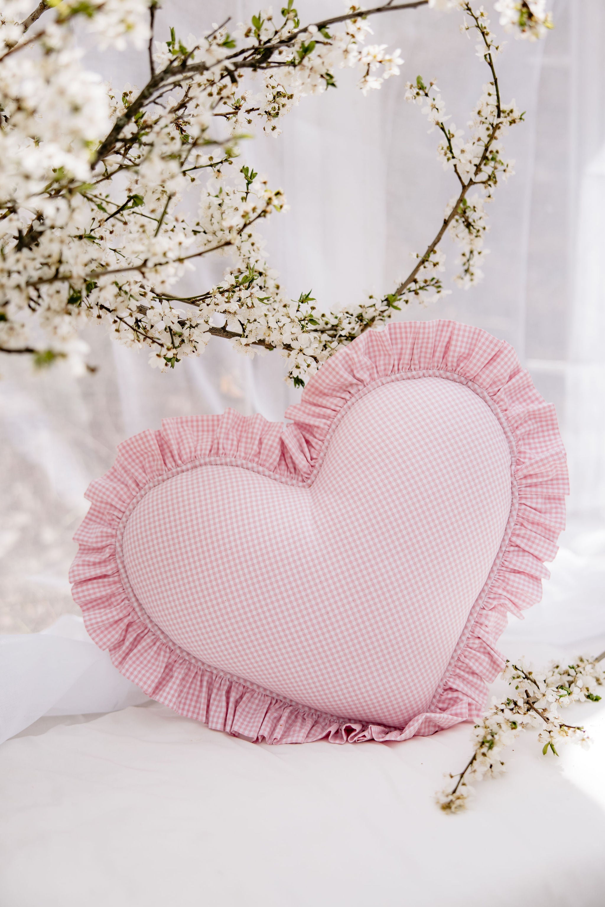 "pink" Heart Pillow With Checkered Frill