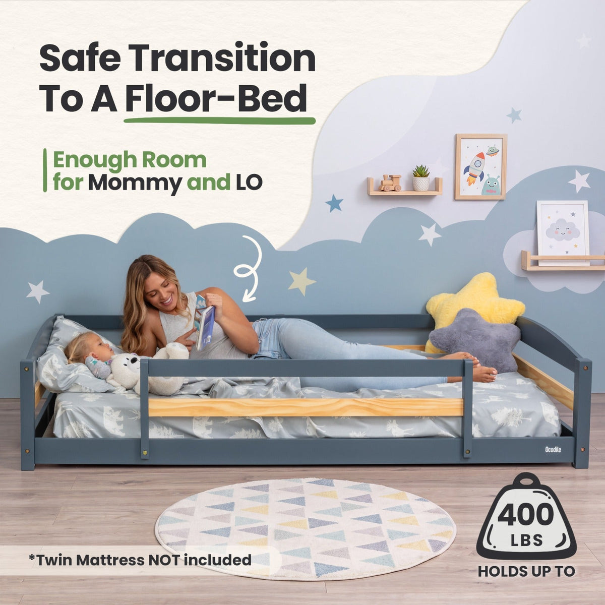 Twin Floor Bed With Safety Guardrails For Kids - Montessori Inspired