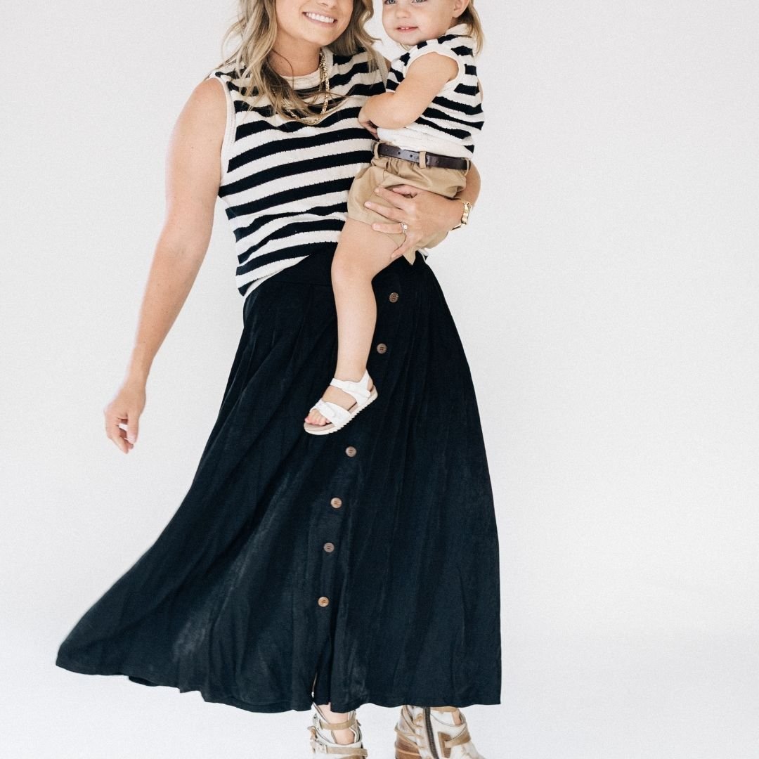 Belted Black Maxi Skirt With Buttons- Women