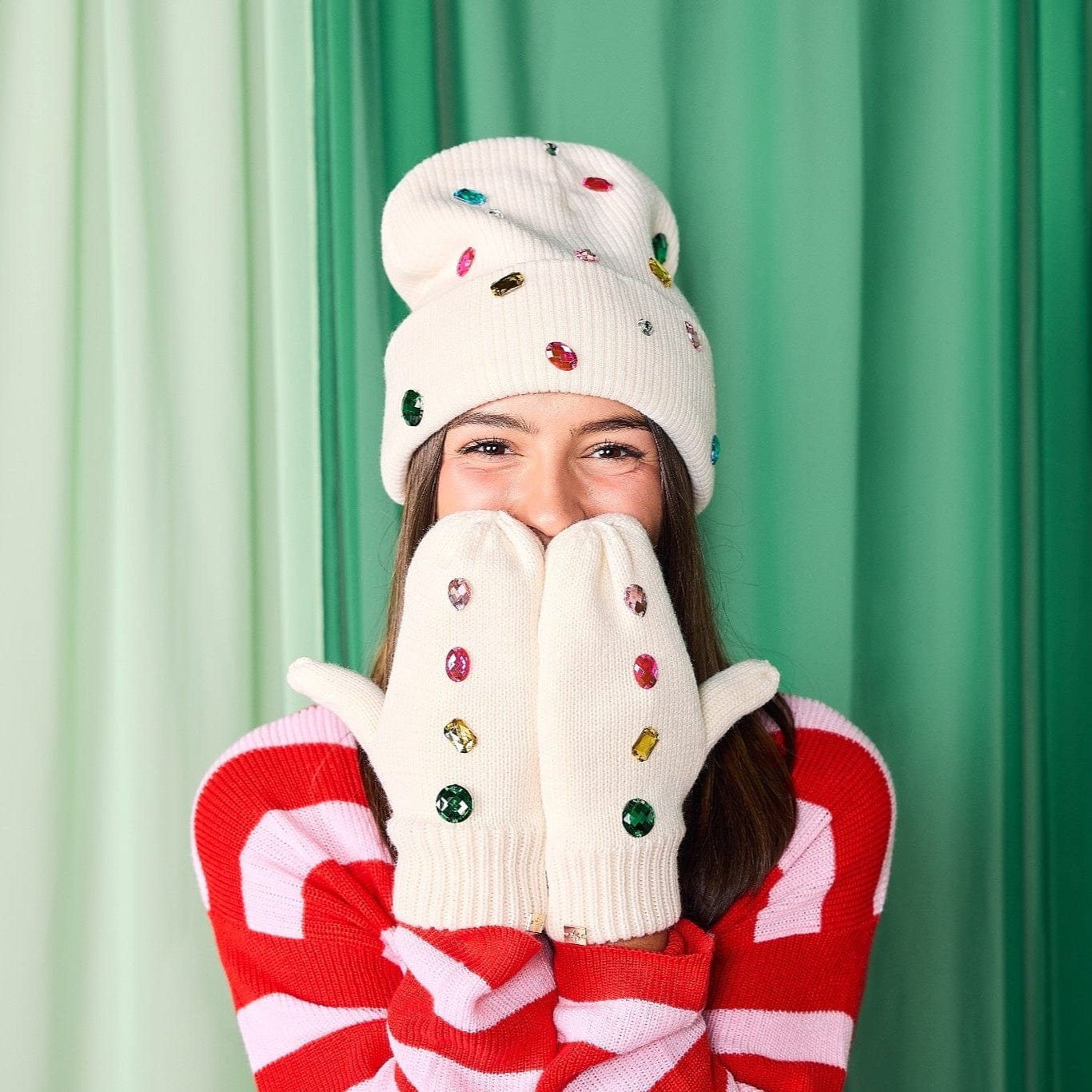 White Knit Rhinestone Beanie And Mittens Set