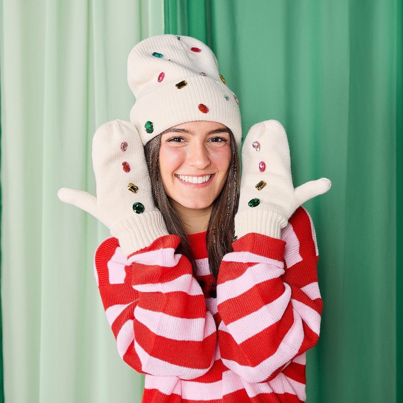 White Knit Rhinestone Beanie And Mittens Set