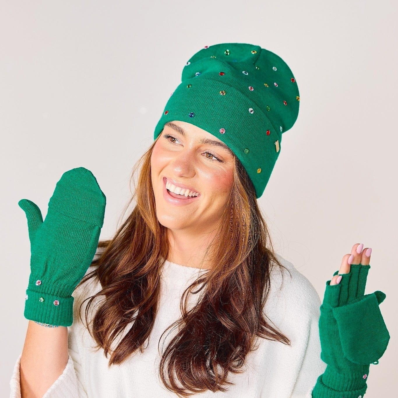 Emerald Knit Rhinestone Beanie And Mittens Set