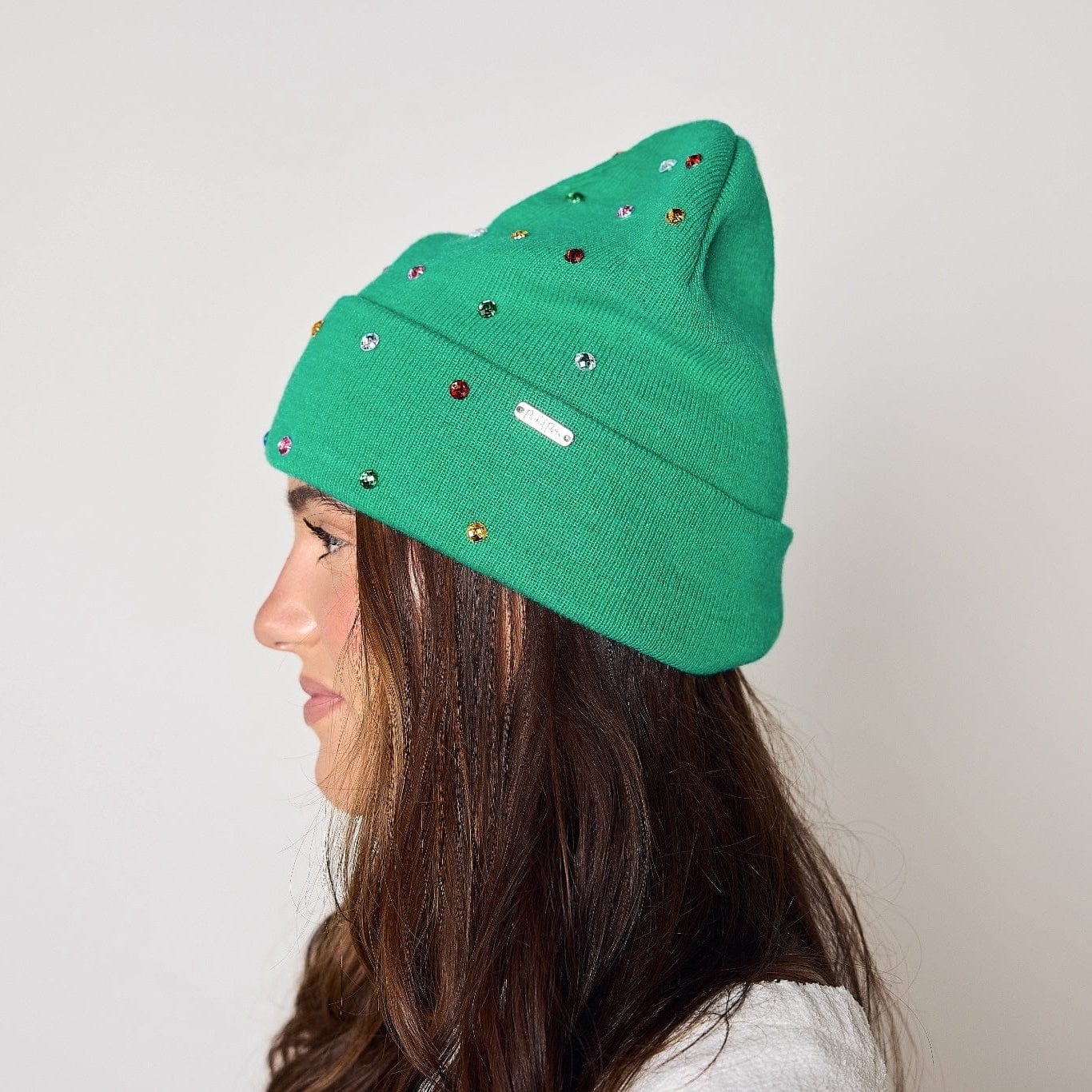 Emerald Knit Rhinestone Beanie And Mittens Set