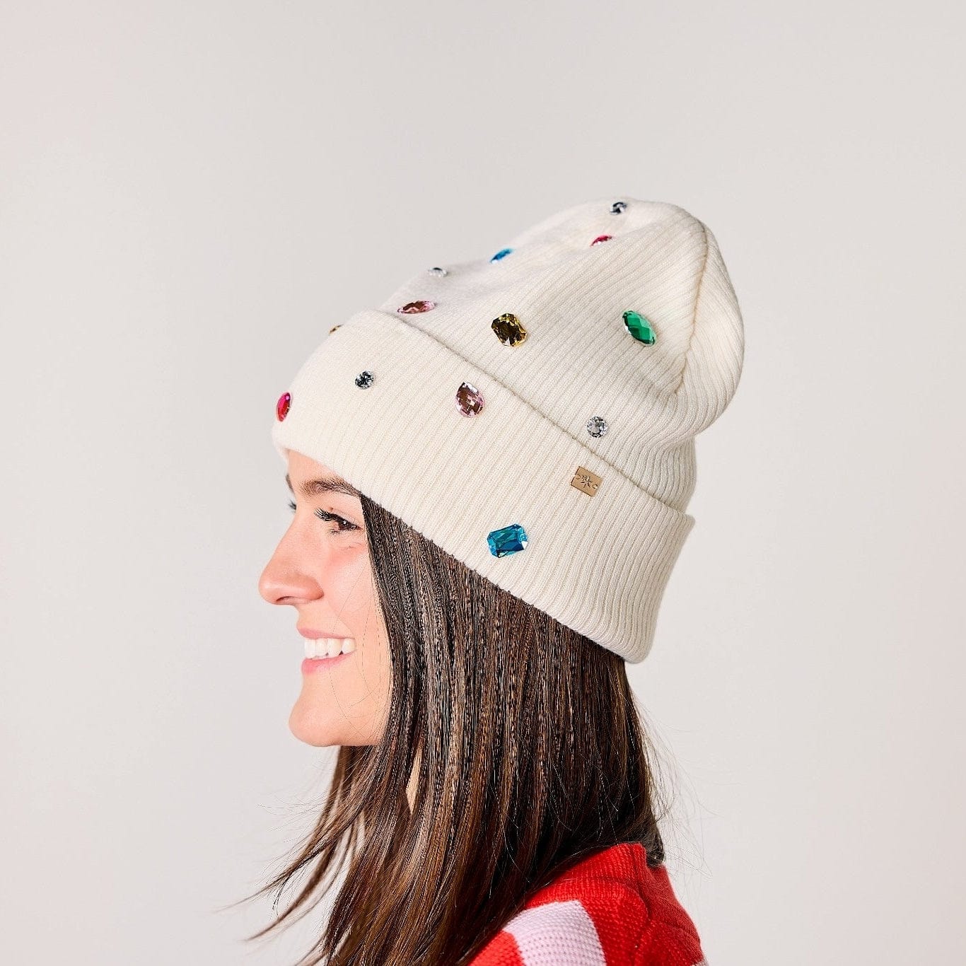 White Knit Rhinestone Beanie And Mittens Set