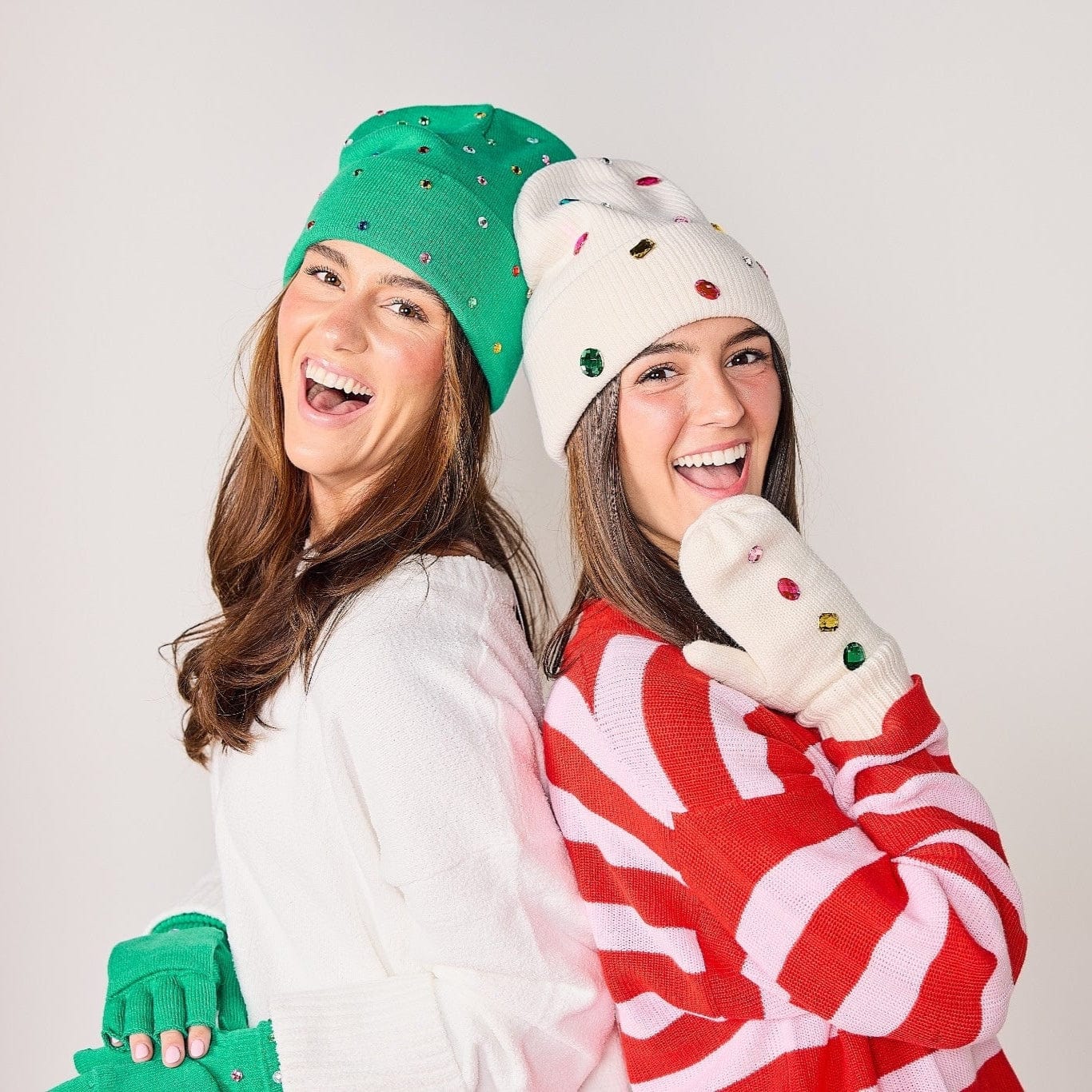 White Knit Rhinestone Beanie And Mittens Set
