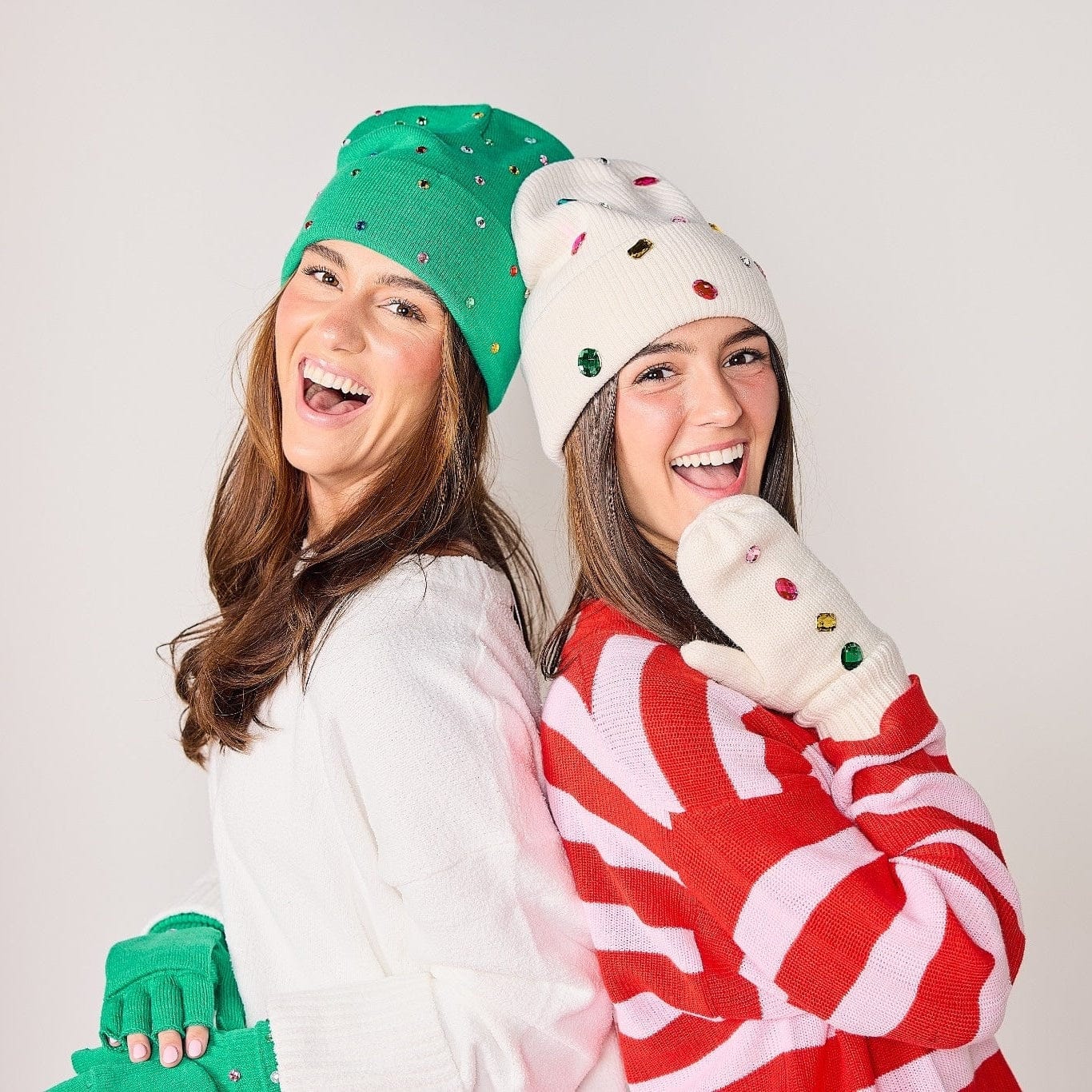 Emerald Knit Rhinestone Beanie And Mittens Set