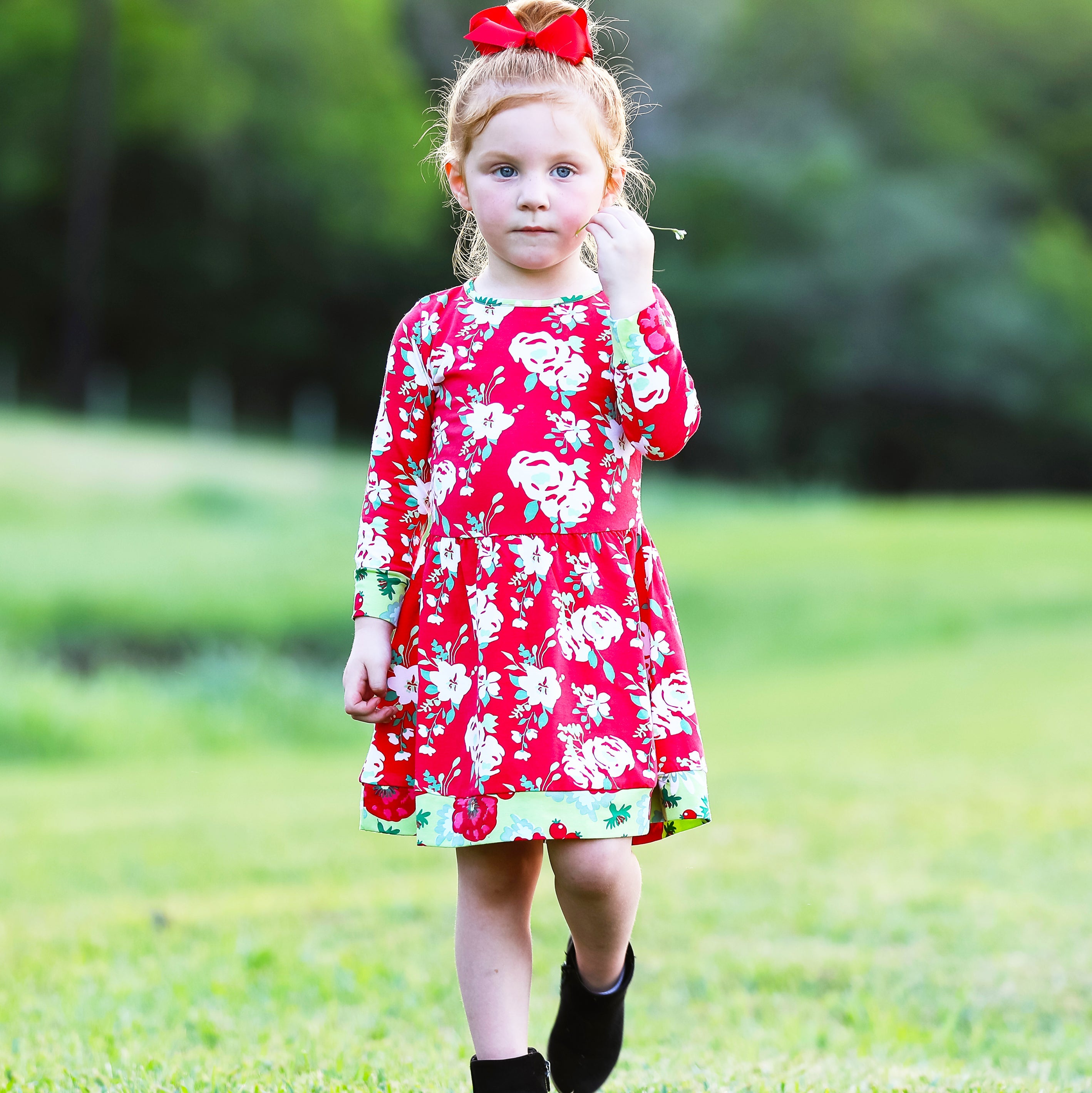Annloren Girls Boutique Christmas Floral Long Sleeve Cotton Party Dress