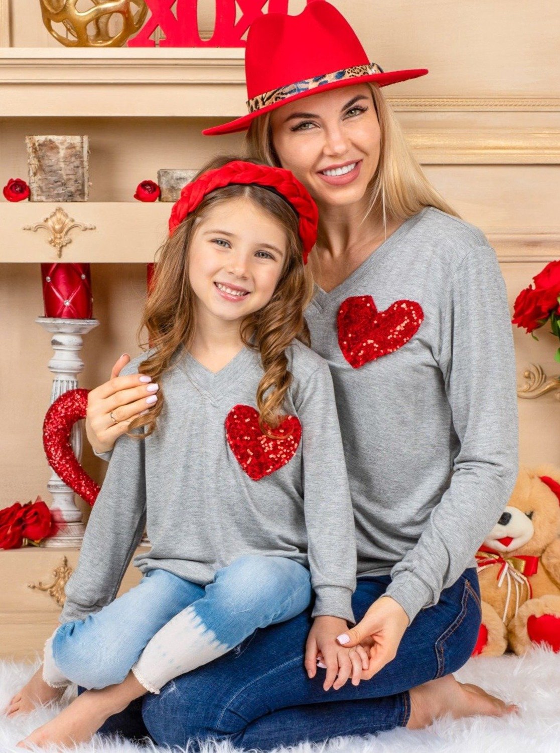 Mommy And Me Shining Heart Grey Top