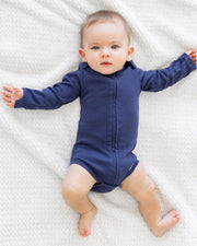 Long Sleeve Zipper Bodysuit In Navy, 3-6m