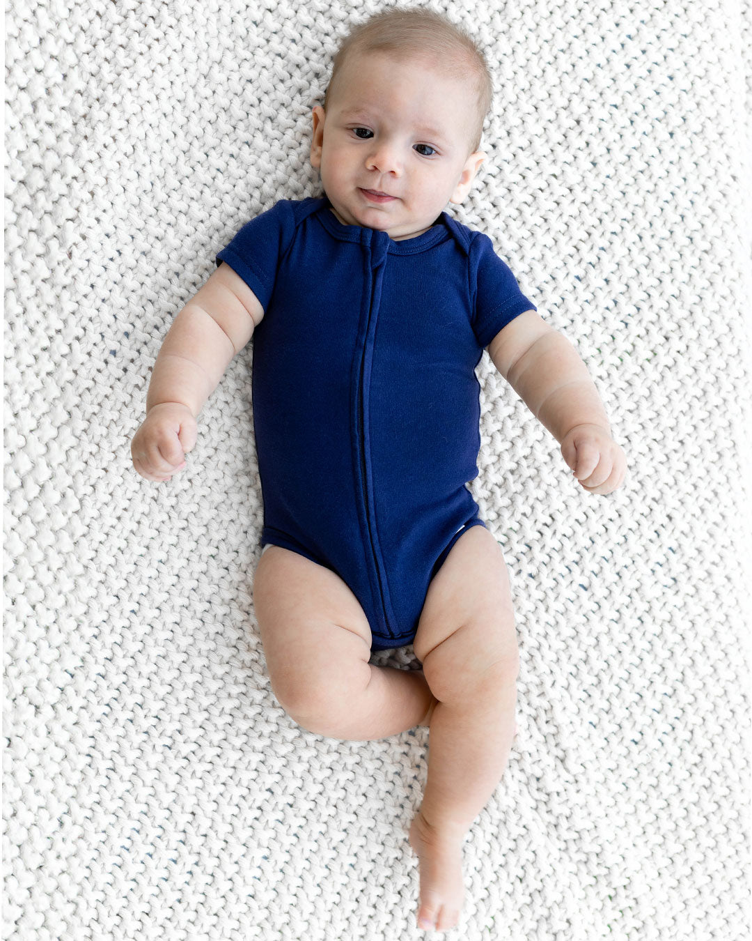 Short Sleeve Zipper Bodysuit In Navy, 0-3m