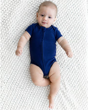 Short Sleeve Zipper Bodysuit In Navy, 6-9m