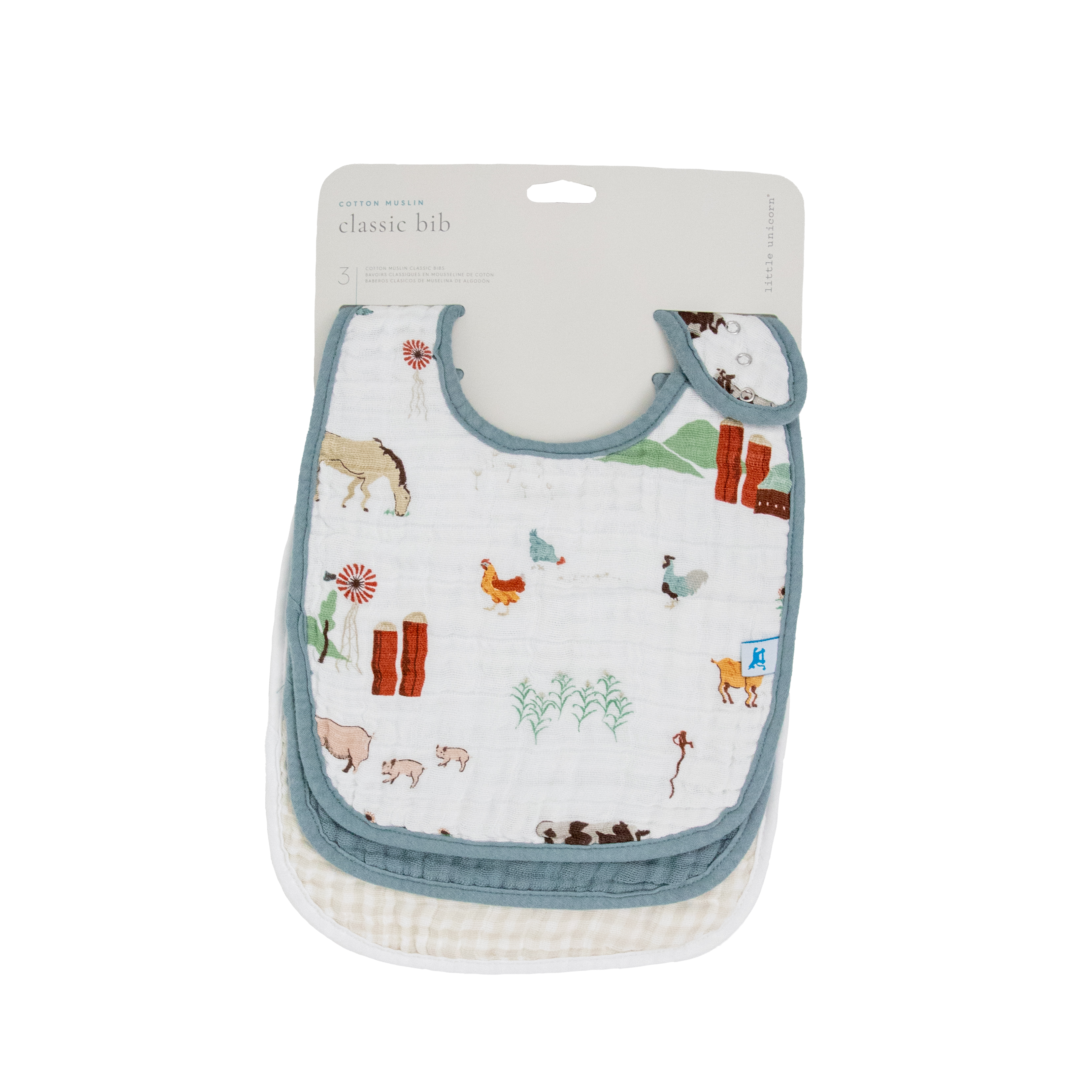 Cotton Muslin Classic Bib 3 Pack - Farmyard