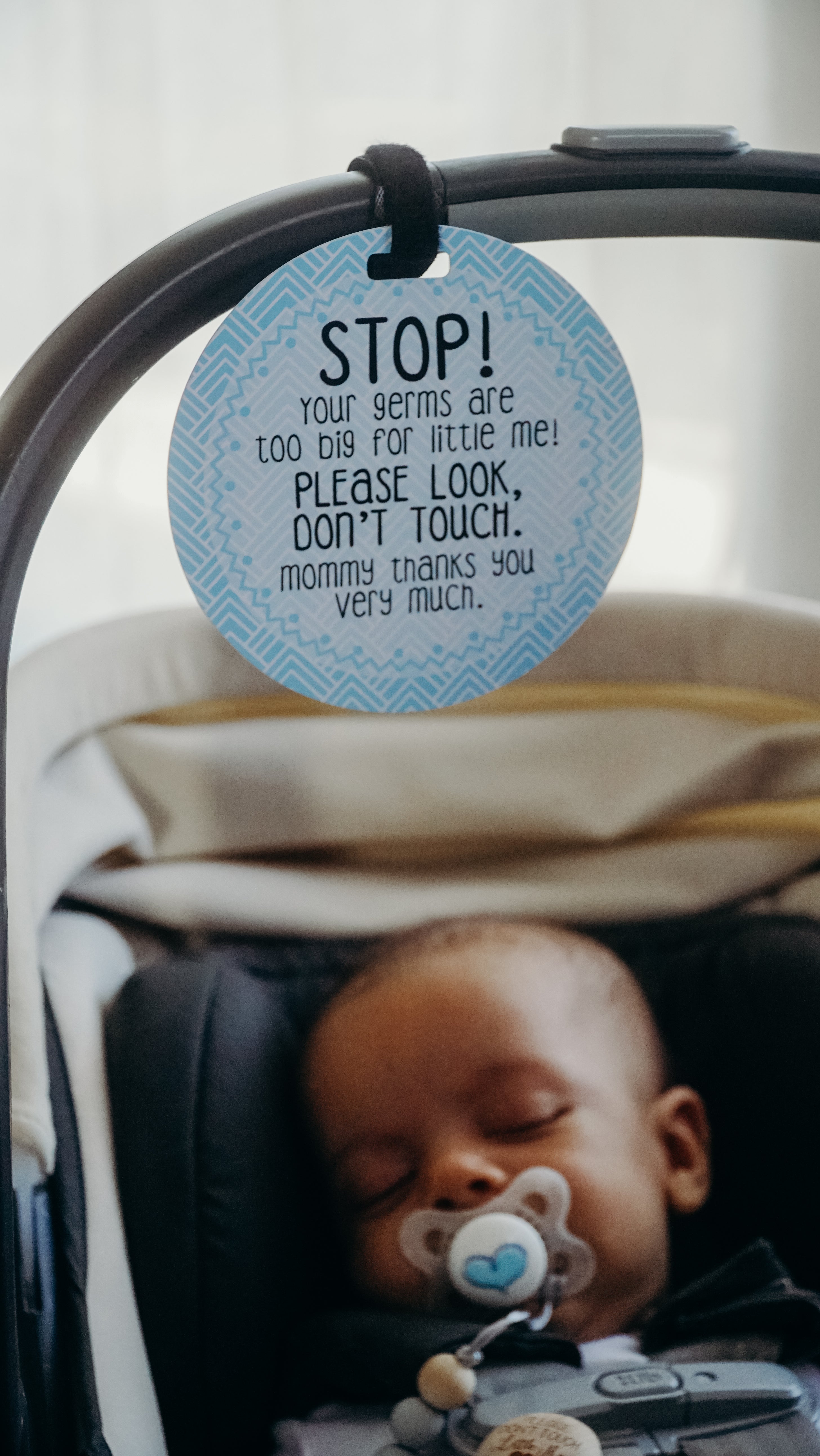 Blue Stop No Touching Newborn Baby Car Seat Tag