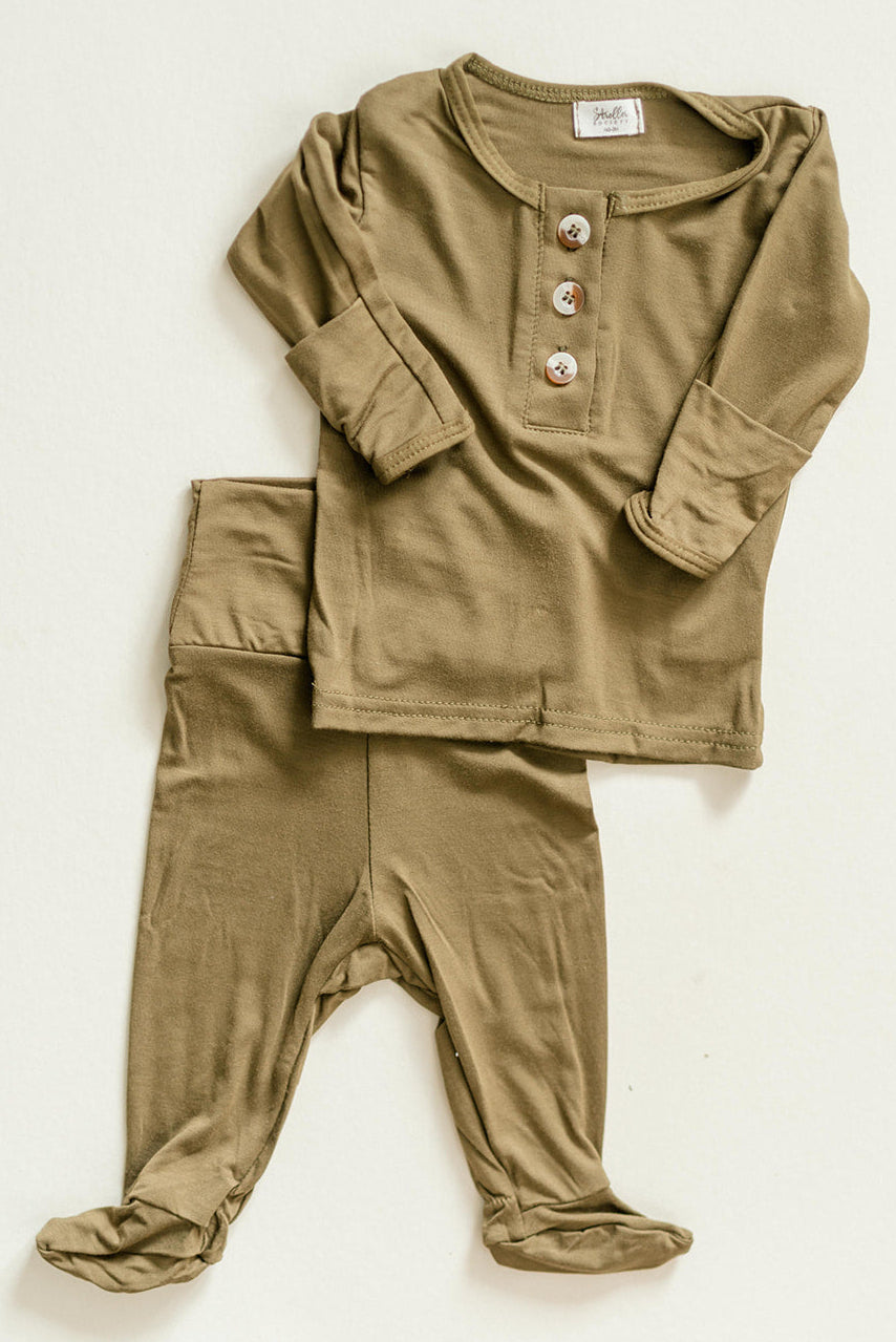 Top And Bottom Outfit And Hat Set - (newborn-3 Months) Army Green