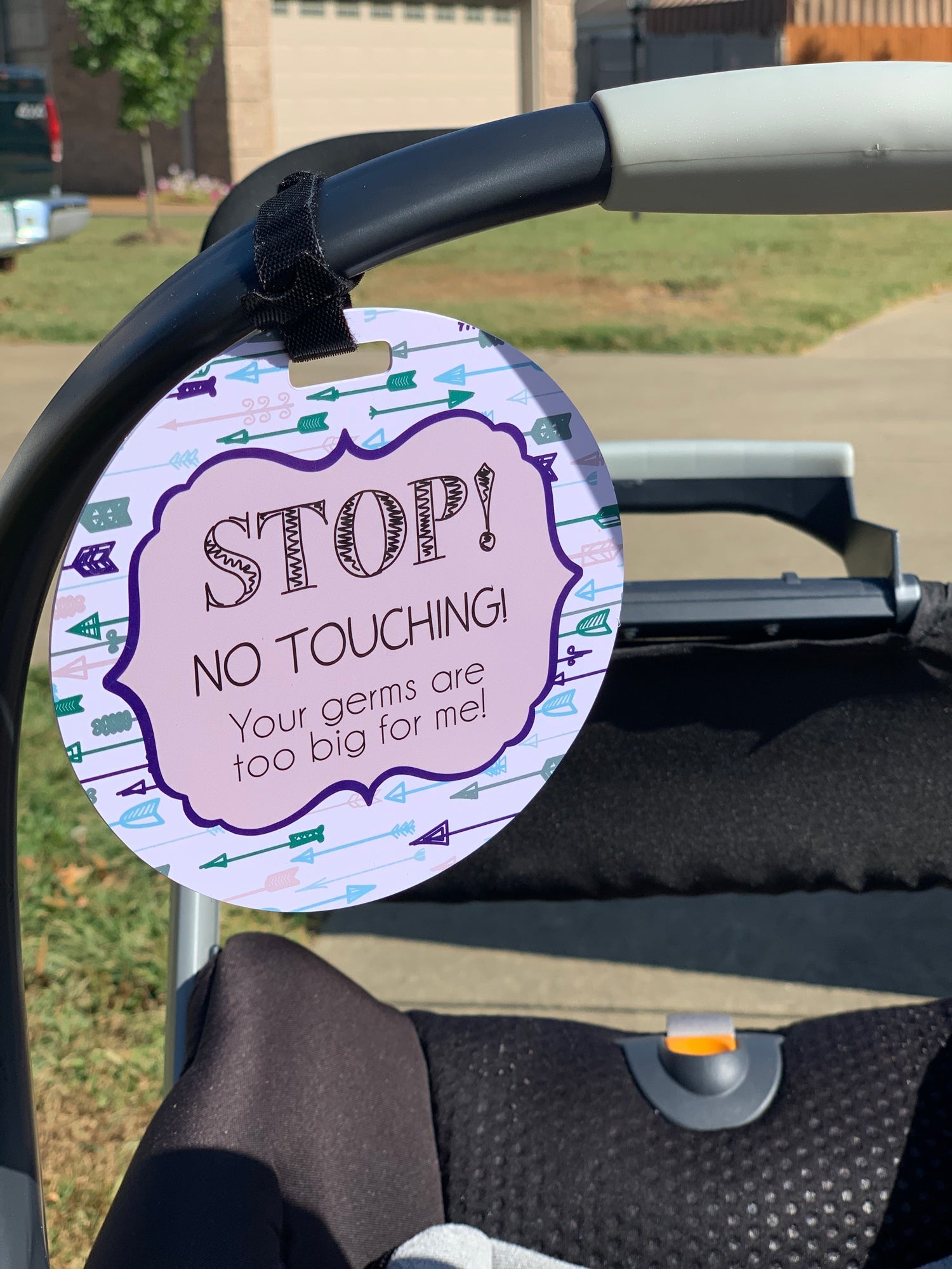 Blue Arrows No Touching Newborn Baby Car Seat Sign Tag