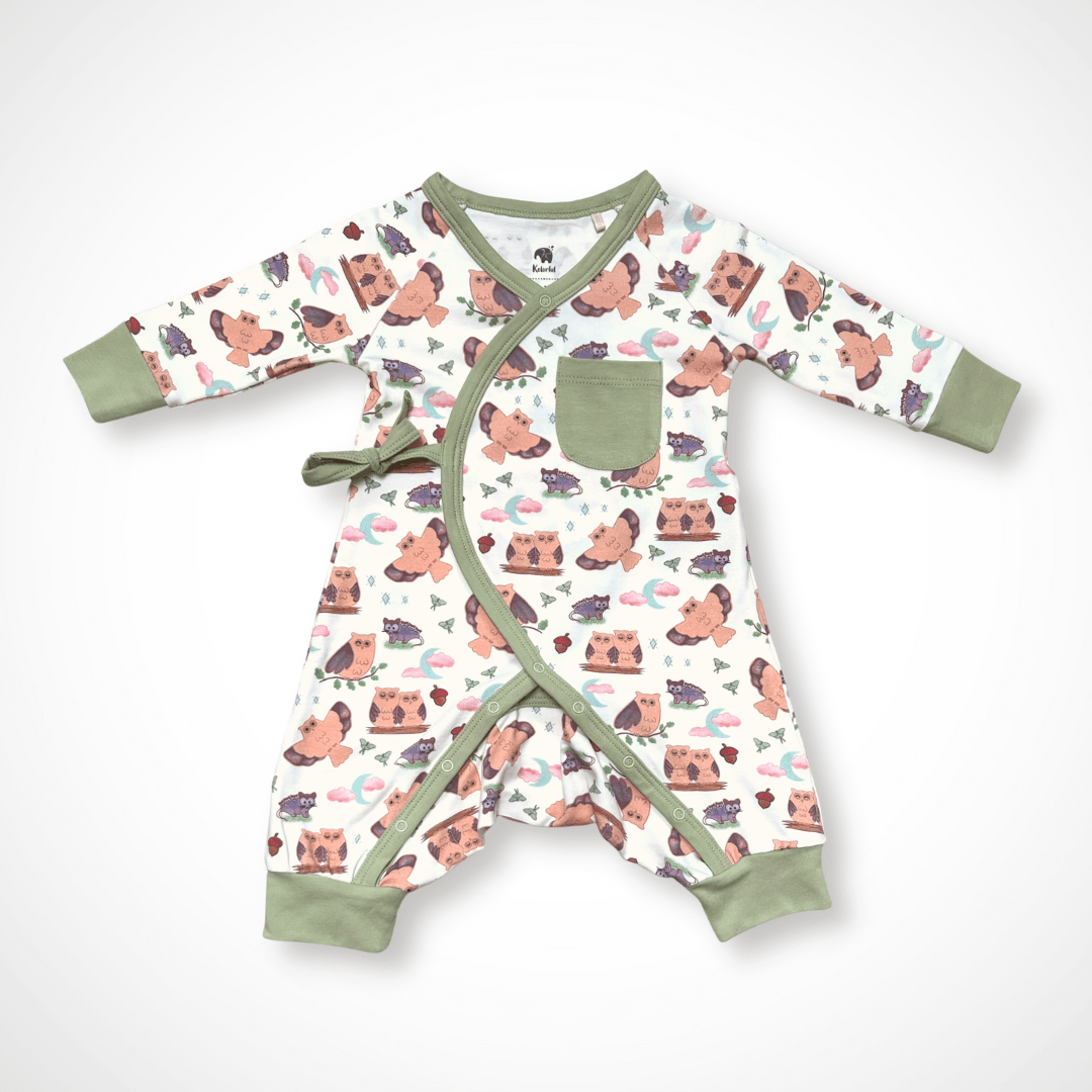 Owl Kimono Long Sleeve Romper | Organic Pima Cotton