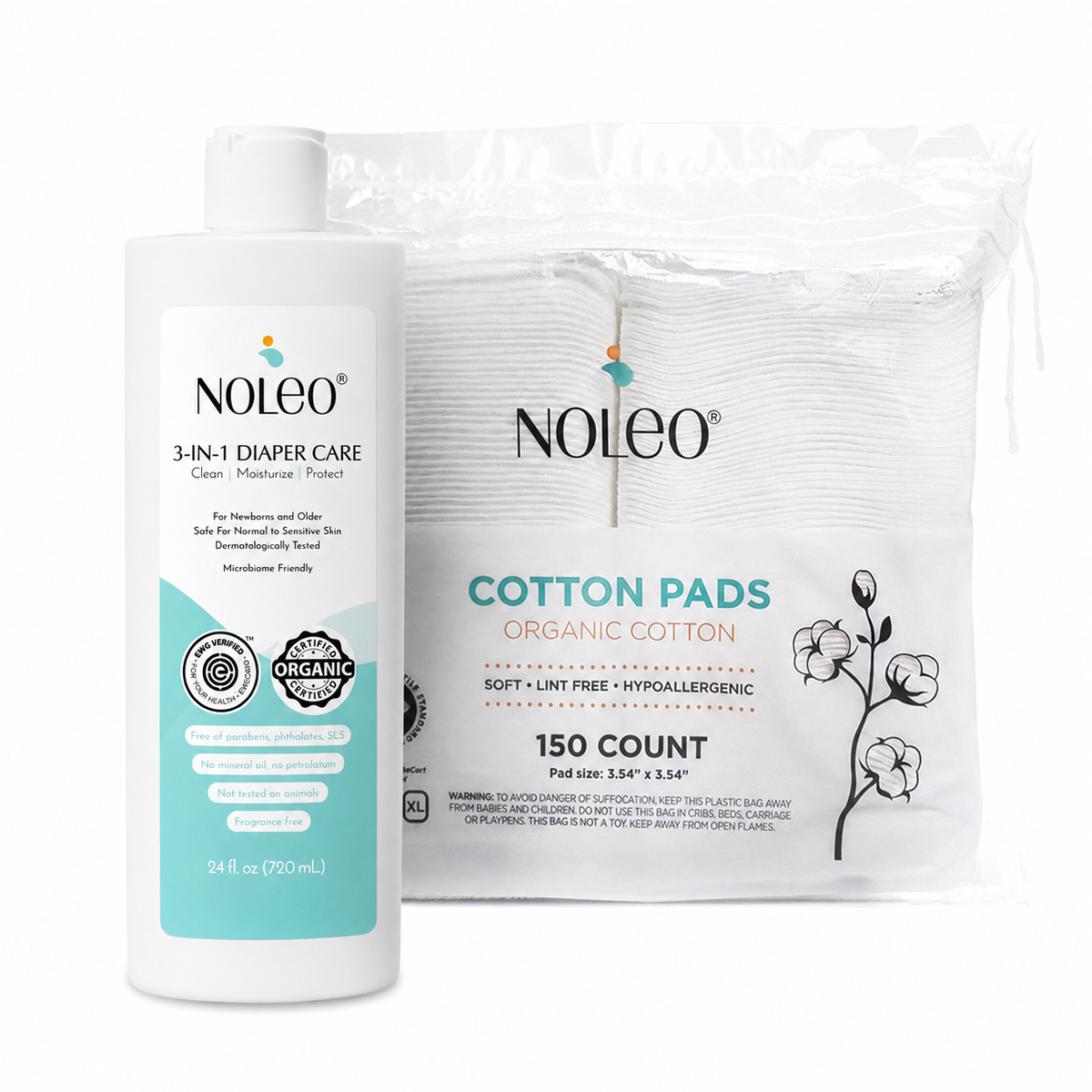 Noleo Duo: 3-in-1 Diaper Rash Cream & Large Cotton Pads