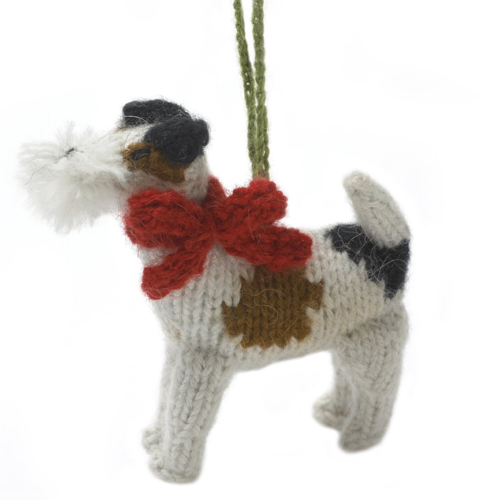 Hand Knit Alpaca Wool Christmas Ornament - Fox Terrier Dog