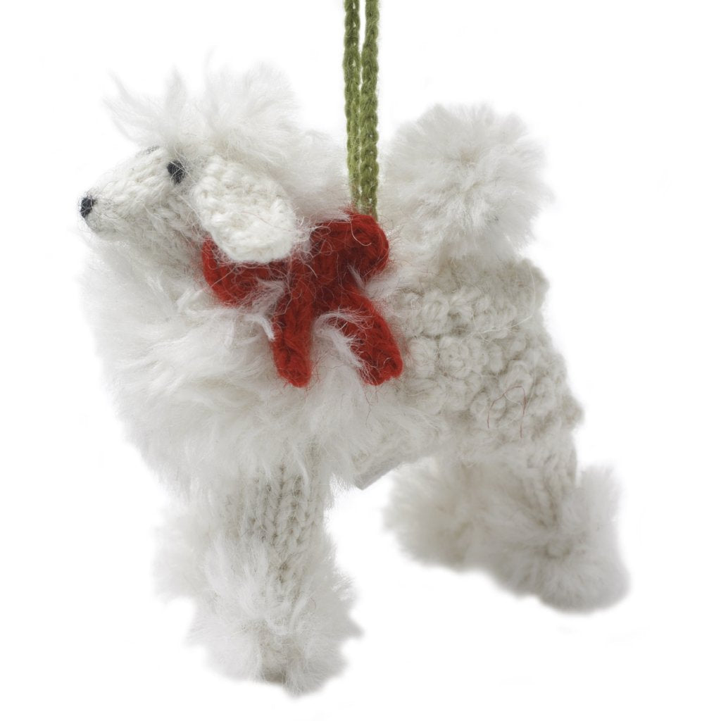 Hand Knit Alpaca Wool Christmas Ornament - White Poodle Dog