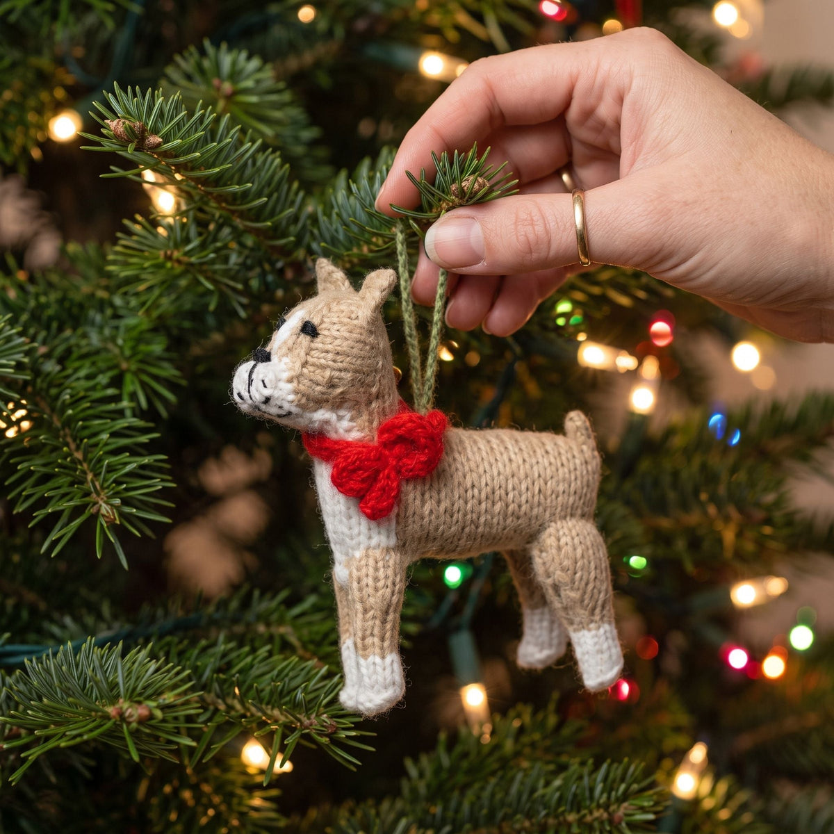 Hand Knit Alpaca Wool Christmas Ornament - Boxer Dog
