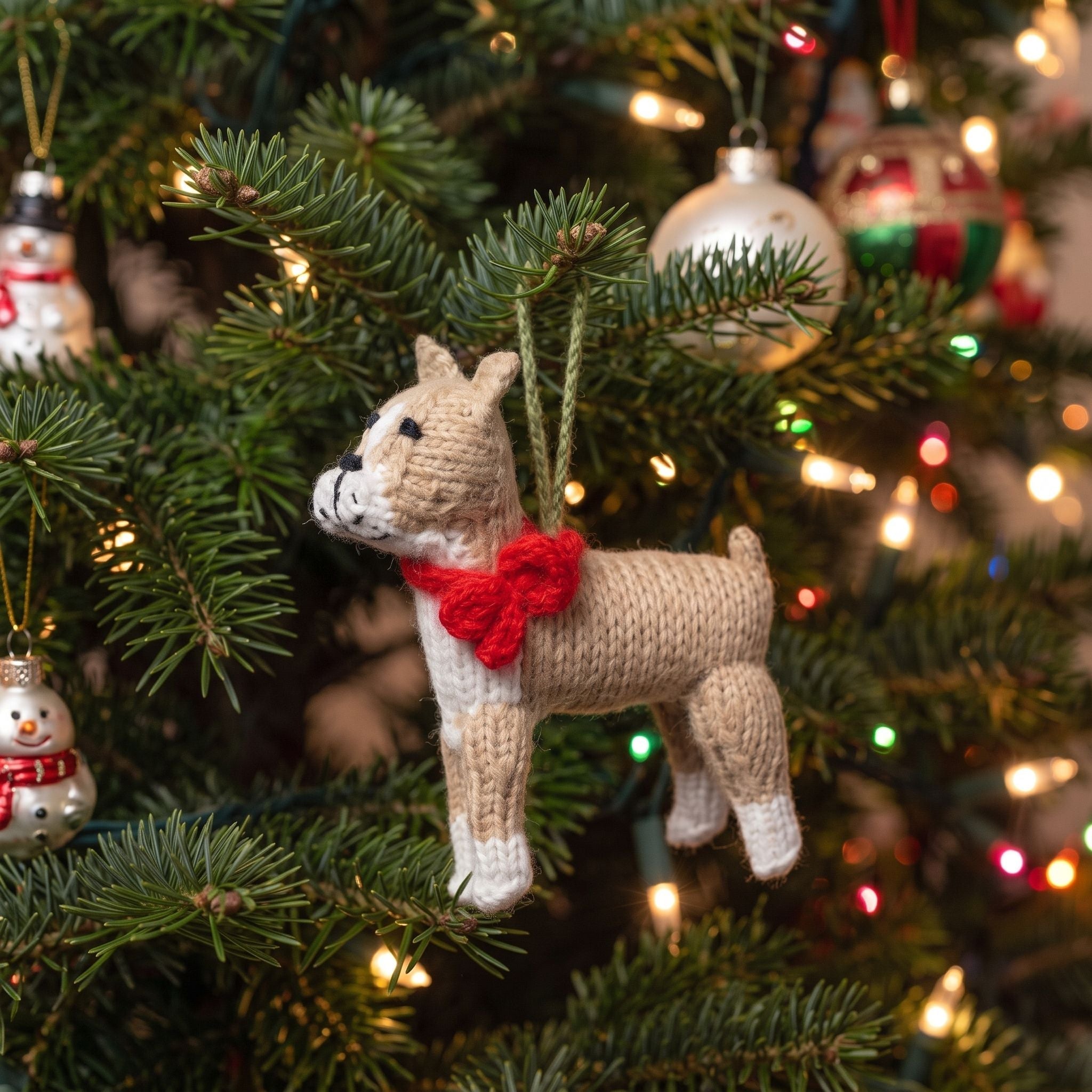 Hand Knit Alpaca Wool Christmas Ornament - Boxer Dog