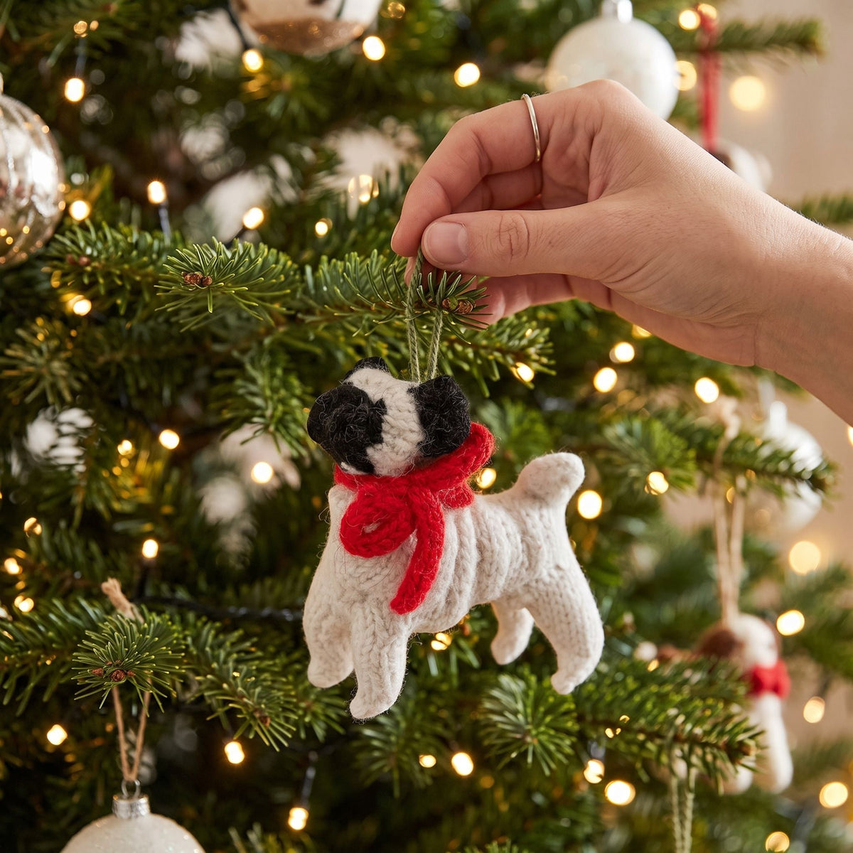Hand Knit Alpaca Wool Christmas Ornament - Pug Dog