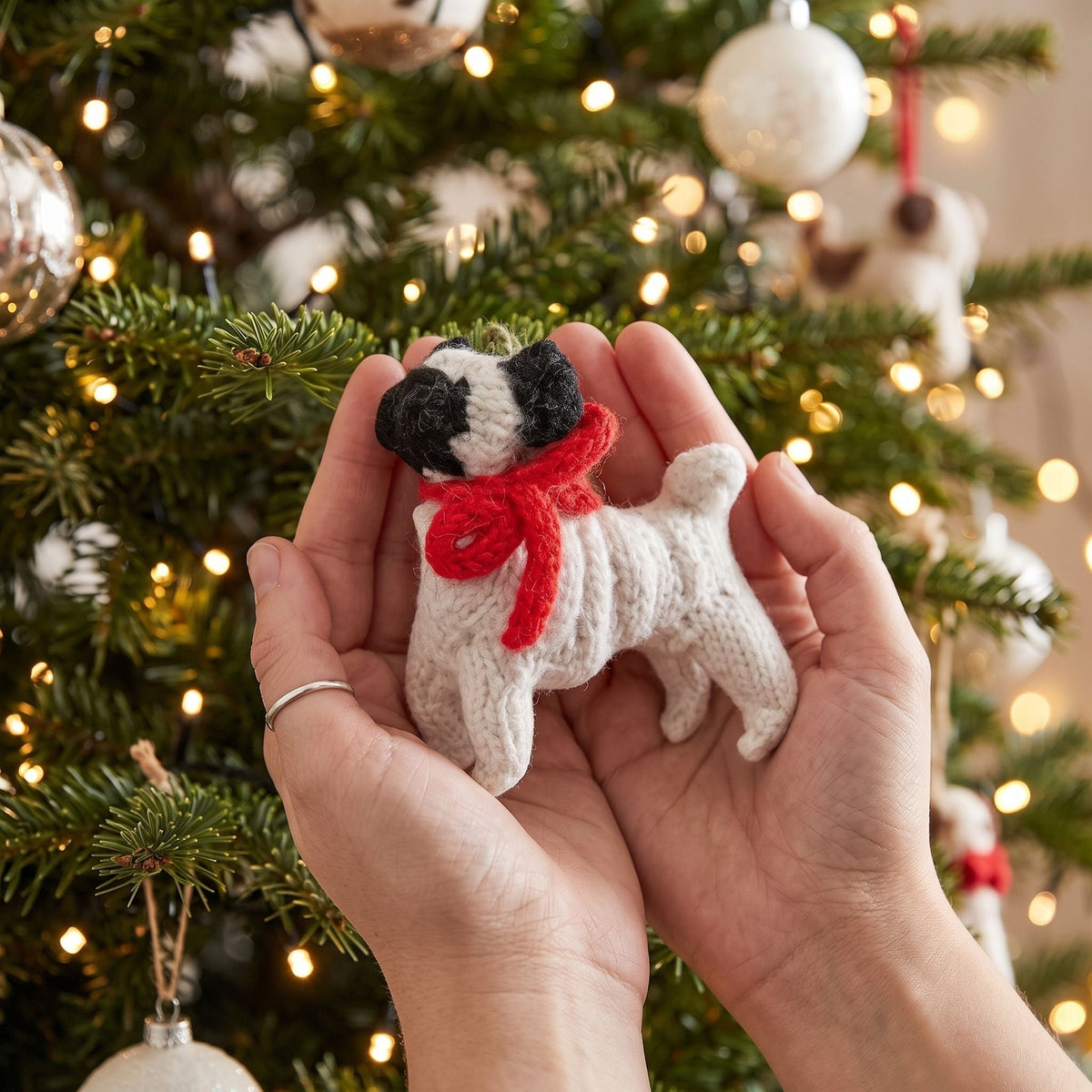 Hand Knit Alpaca Wool Christmas Ornament - Pug Dog