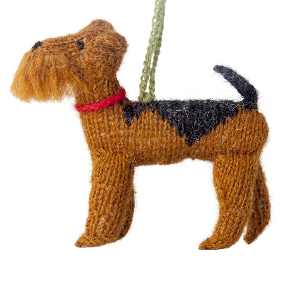 Hand Knit Alpaca Wool Christmas Ornament - Airedale Dog