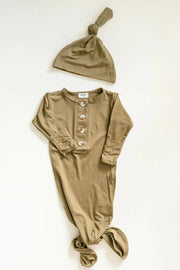 Knotted Baby Gown And Hat Set - Army Green (newborn-3 Months)