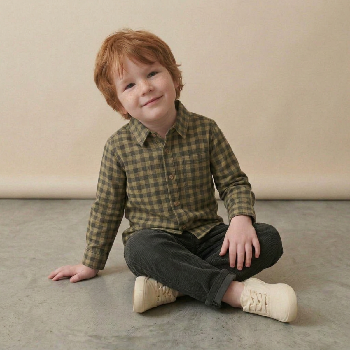 Organic Collared Long Sleeve Shirt - Olive Gingham