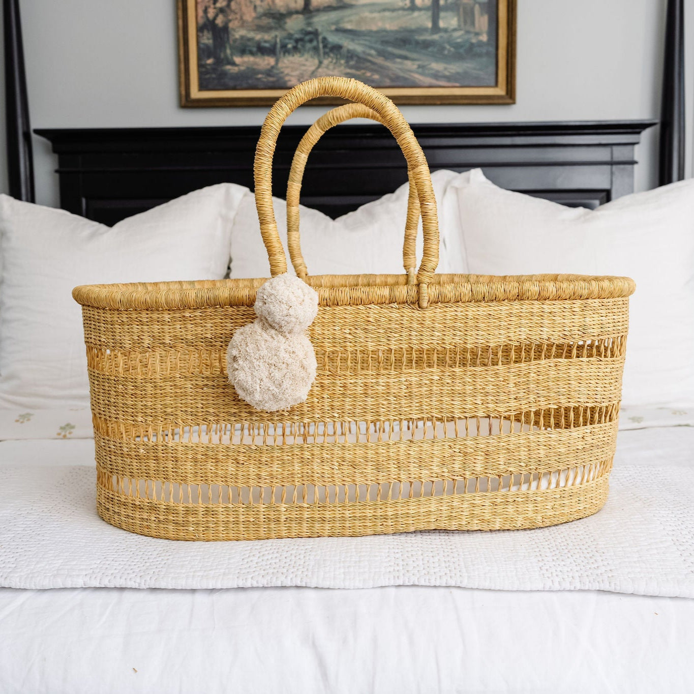 Modern Open Weave  African Moses Basket  no Hood  Vegan Handle