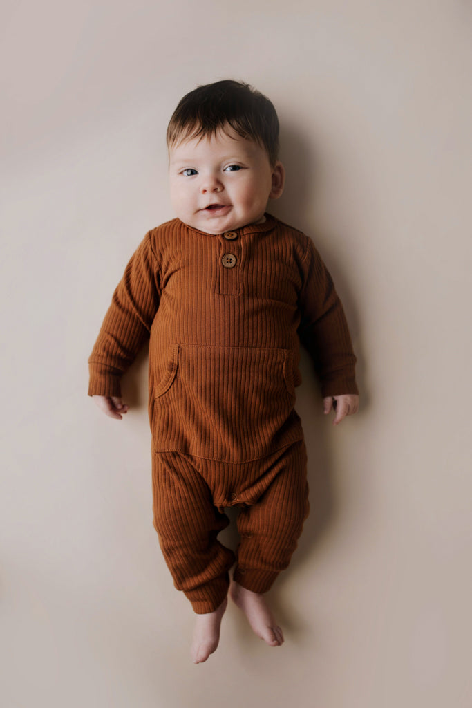 Clay Baby Ribbed Playsuit With Pockets