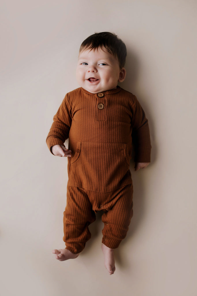 Clay Baby Ribbed Playsuit With Pockets