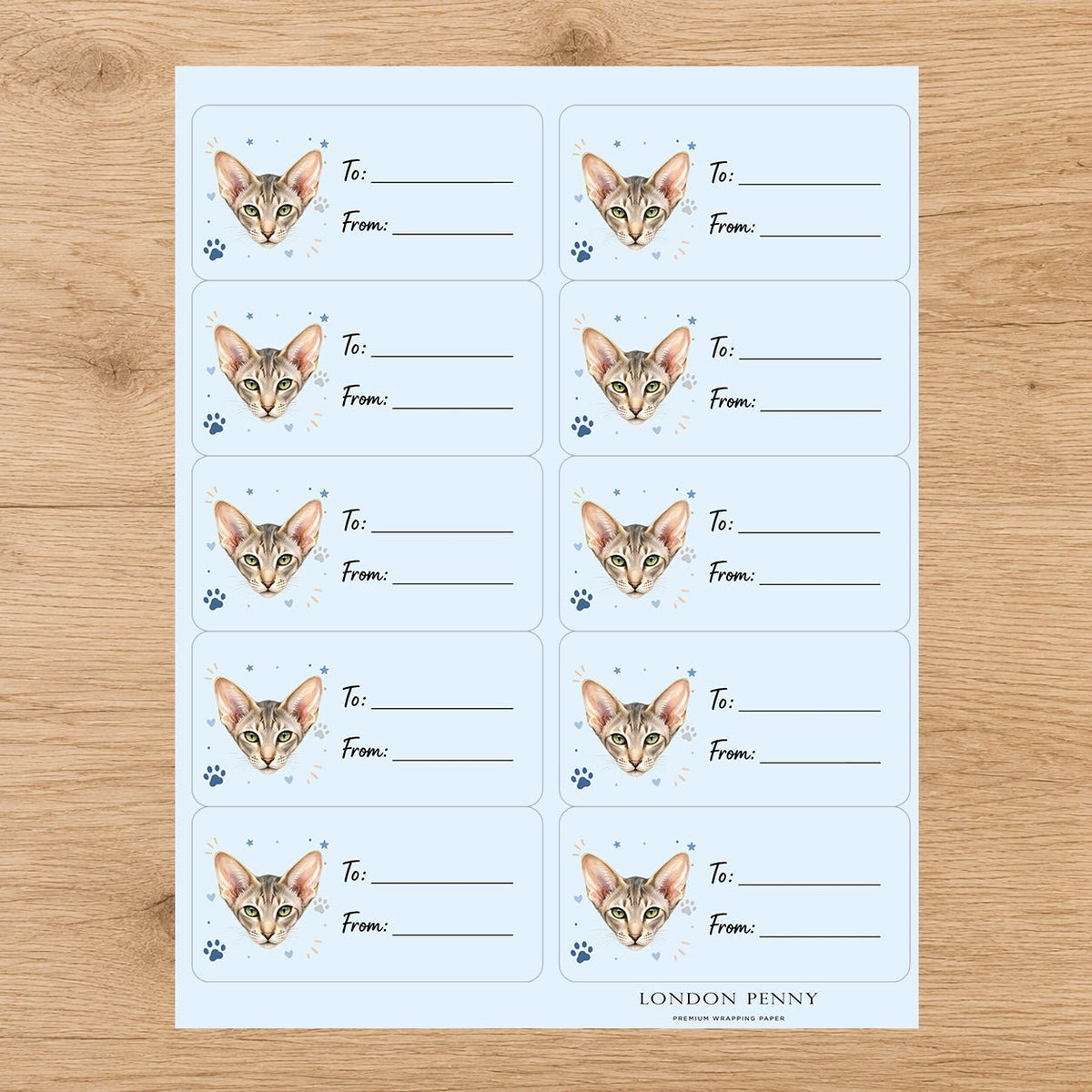 Oriental Shorthair Pawprint Wishes Gift Tag Sticker Sheet