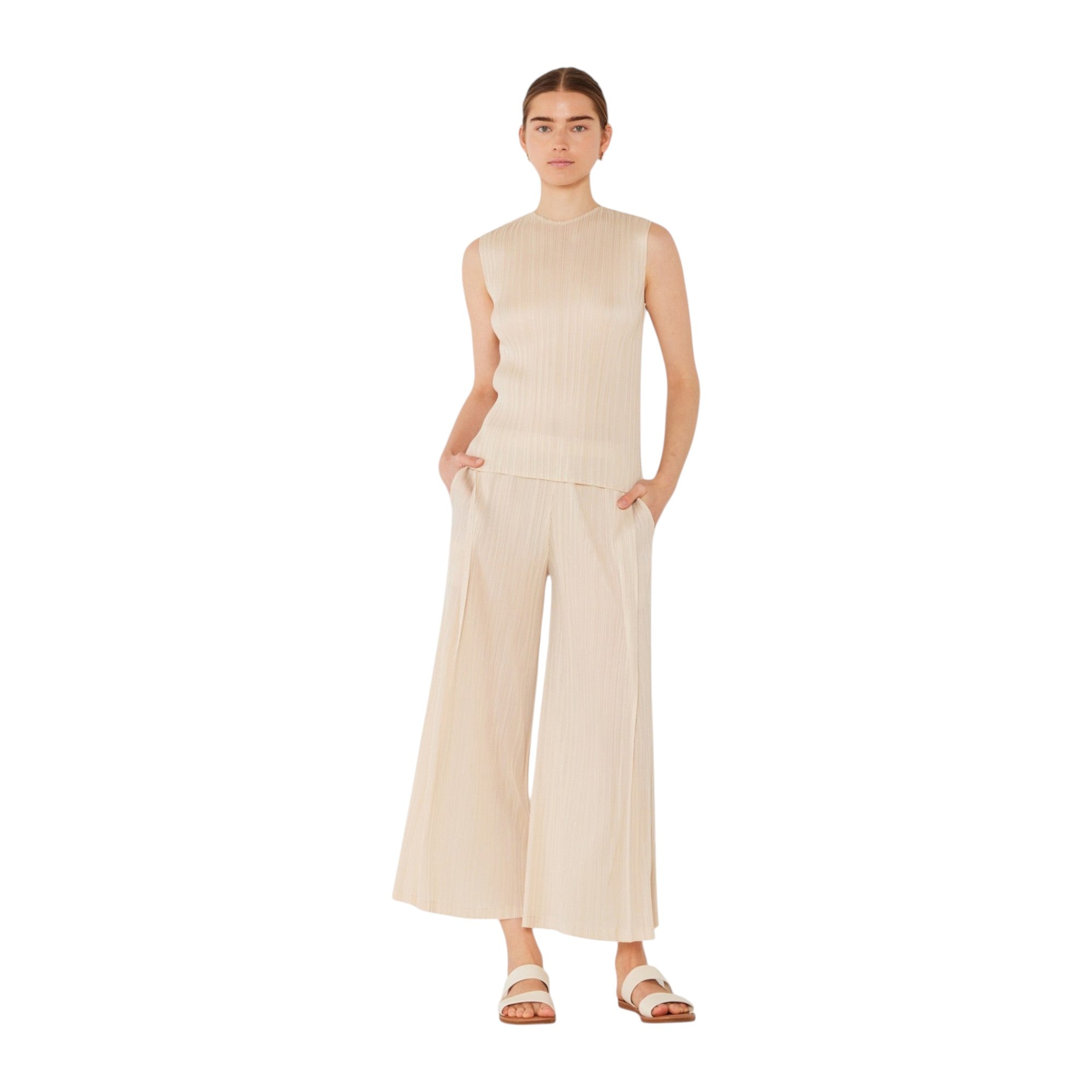 Pleated Wide-leg Cropped Pants W/side Pleat - P03wp_beige