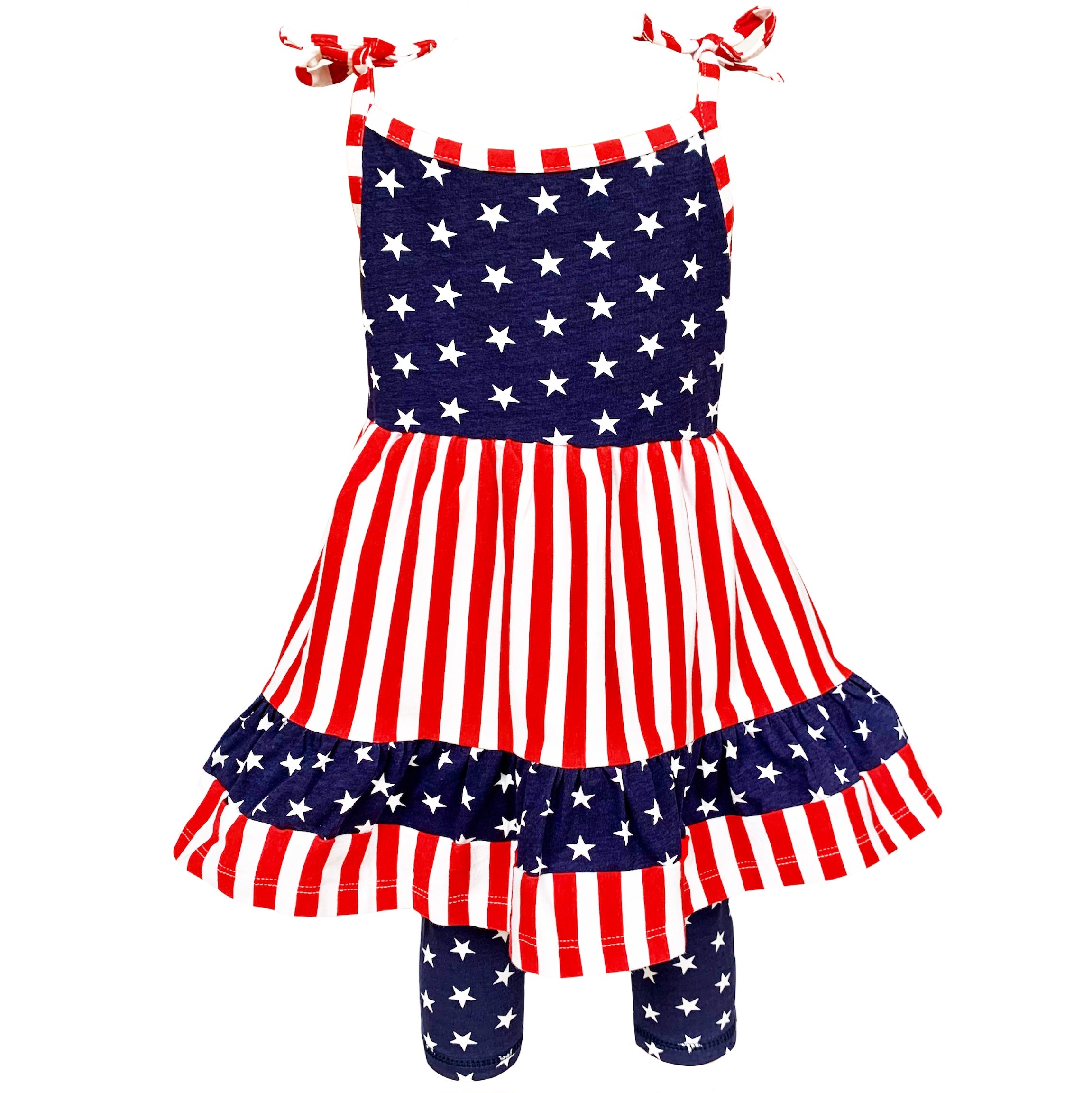 Annloren Girls 4th Of July Stars & Striped Dress & Capri Leggings Outfit