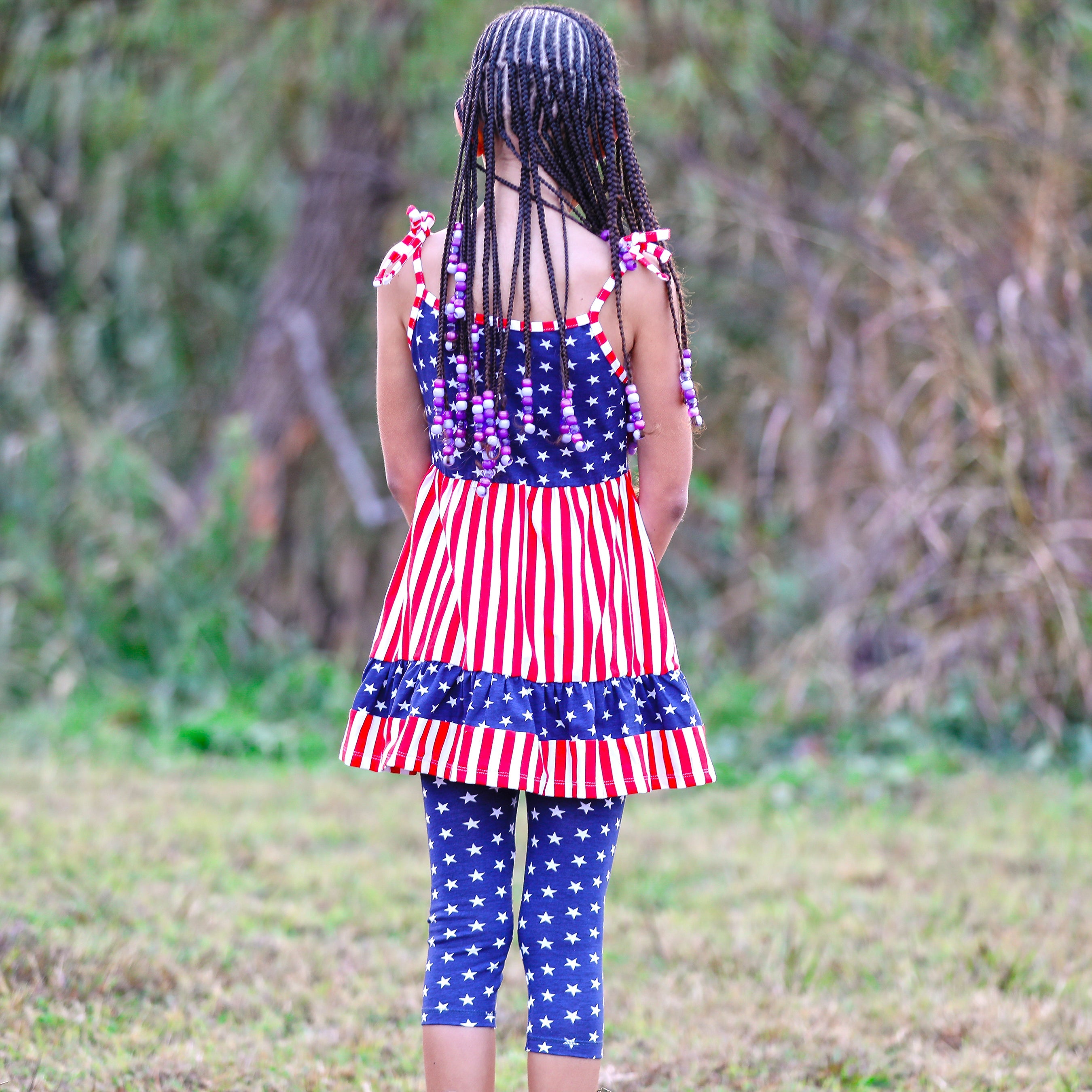 Annloren Girls 4th Of July Stars & Striped Dress & Capri Leggings Outfit
