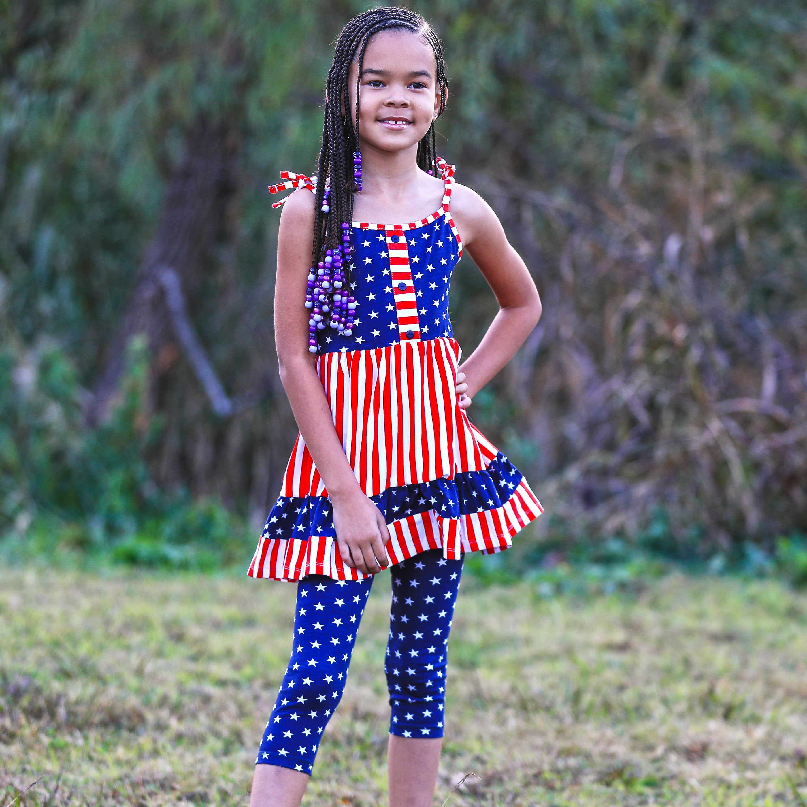 Annloren Girls 4th Of July Stars & Striped Dress & Capri Leggings Outfit