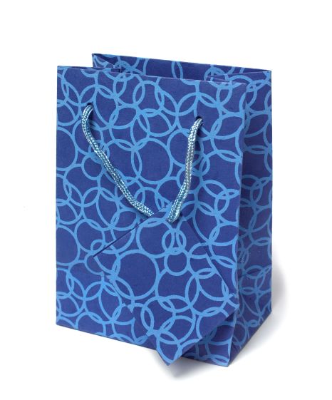 Set Of Six Recycled Cotton Gift Bags With Tag In Blue Circles Design