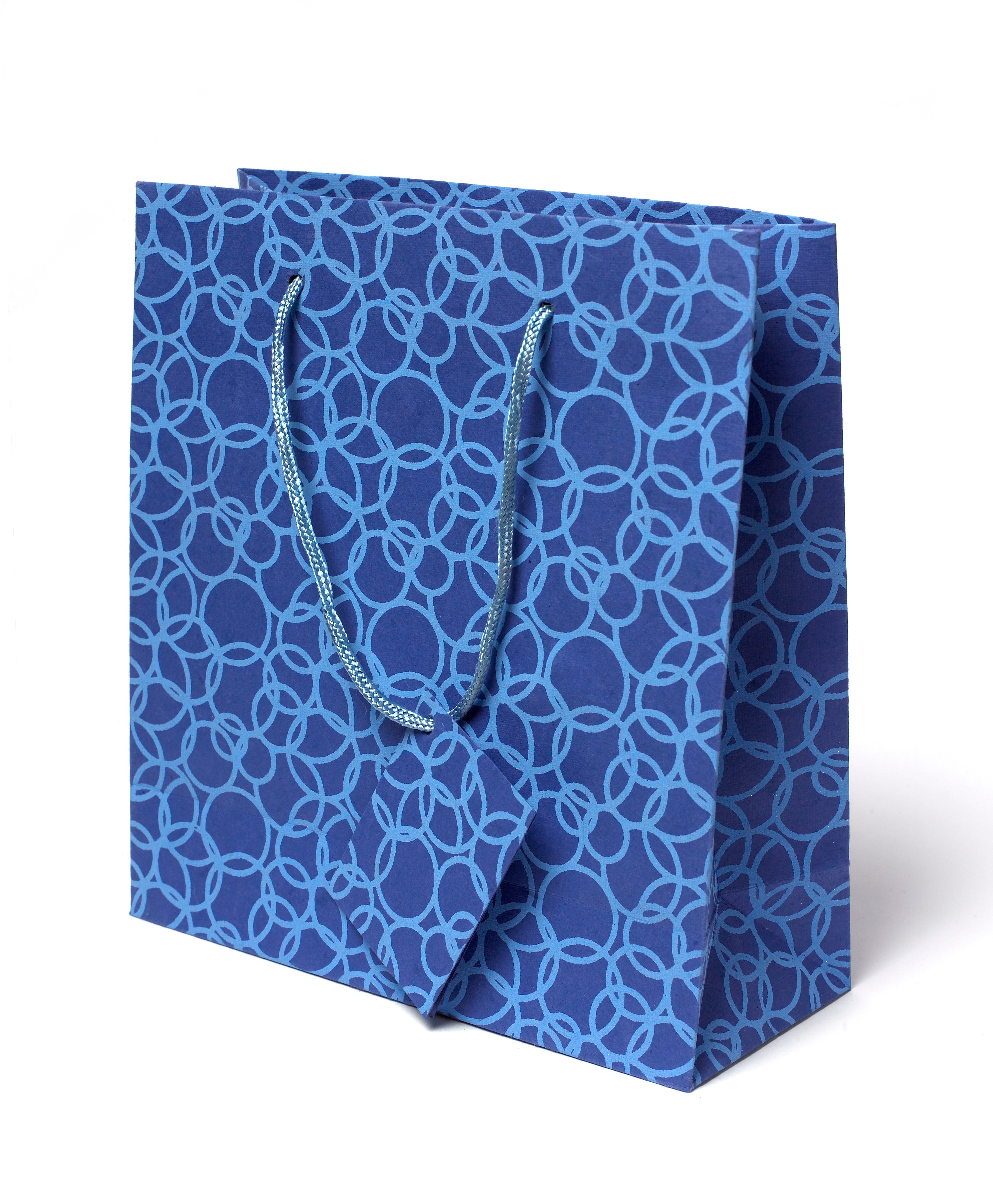 Set Of Six 10" X 6" Recycled Cotton Gift Bags With Tag In Blue Circles Design