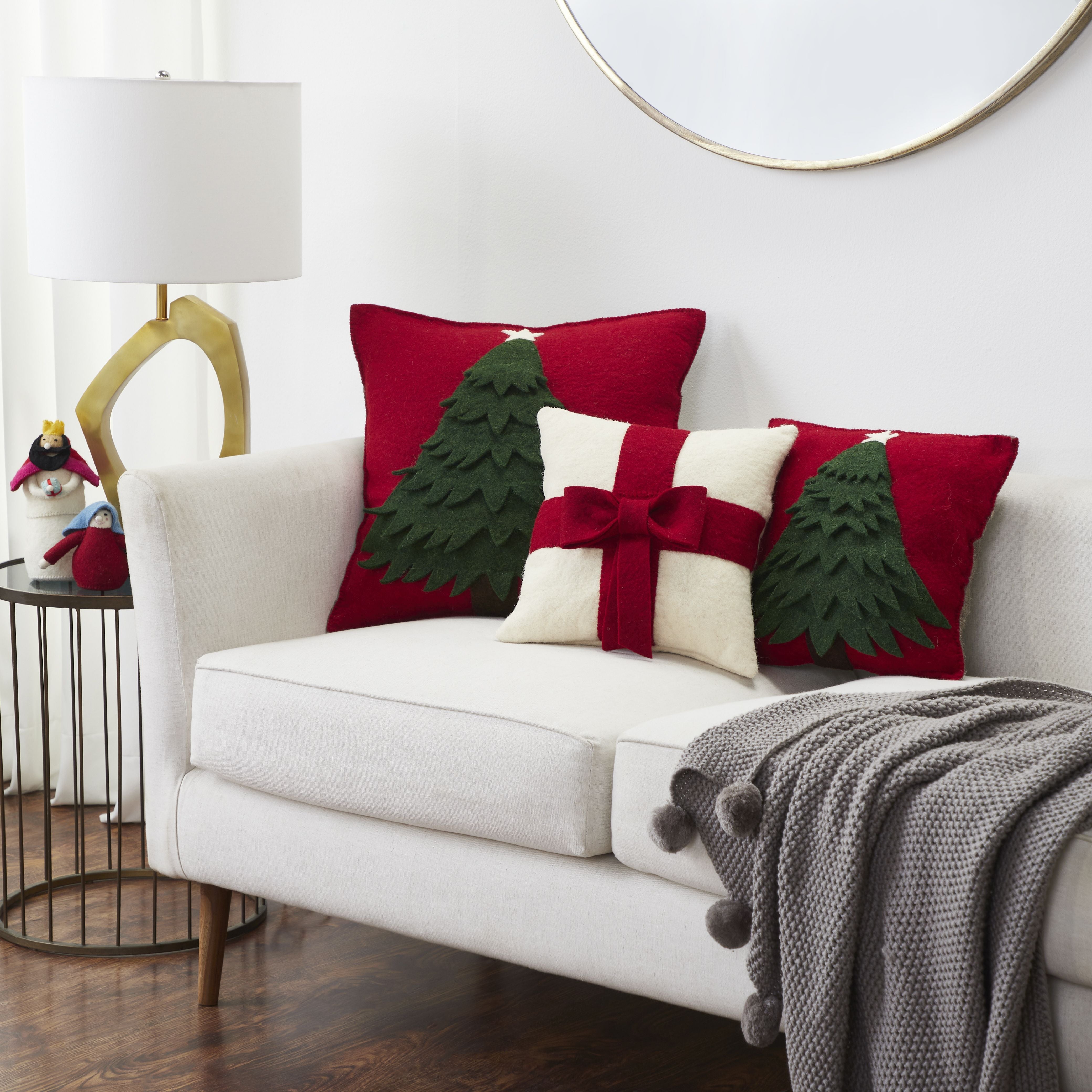 Red Bow On Cream - Christmas Pillow Cover In Hand Felted Wool - 14"