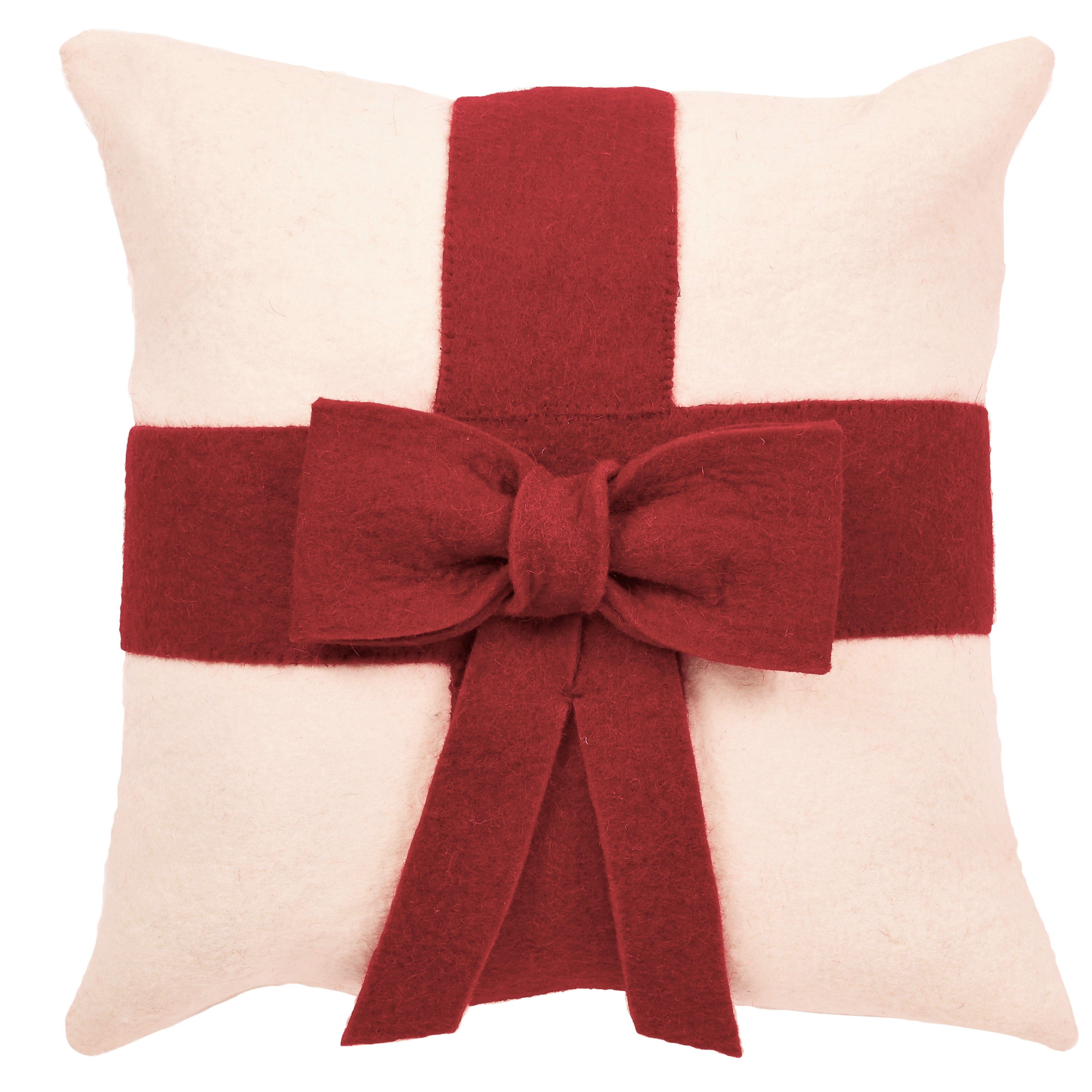 Red Bow On Cream - Christmas Pillow Cover In Hand Felted Wool - 14"