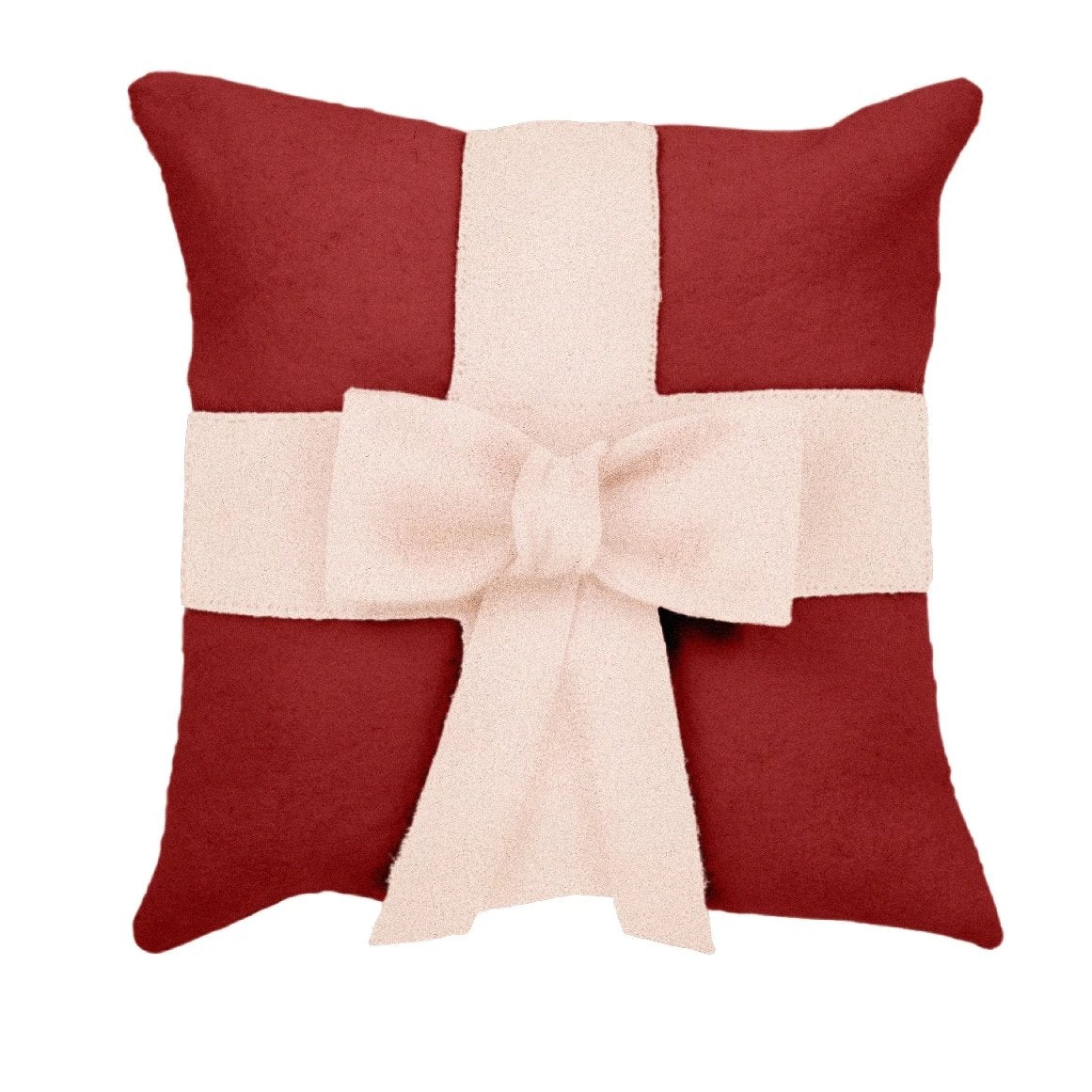 Cream Bow On Red- Christmas Pillow Cover In Hand Felted Wool - 20"