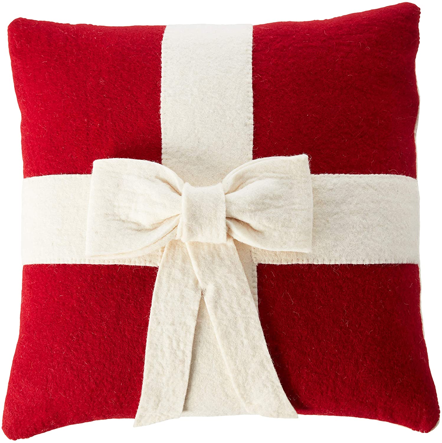 Cream Bow On Red- Christmas Pillow Cover In Hand Felted Wool - 20"