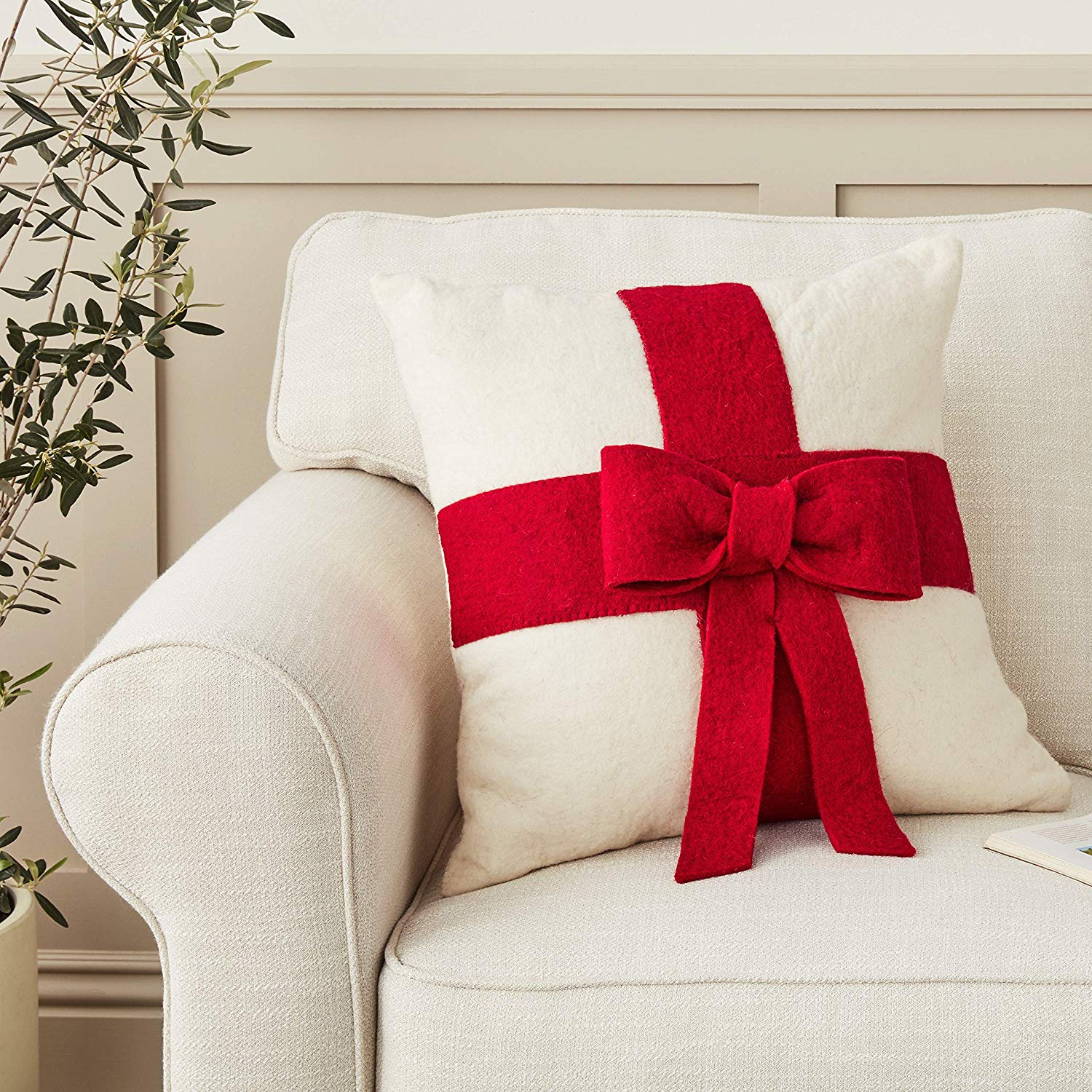 Red Bow On Cream - Christmas Pillow Cover In Hand Felted Wool - 14"