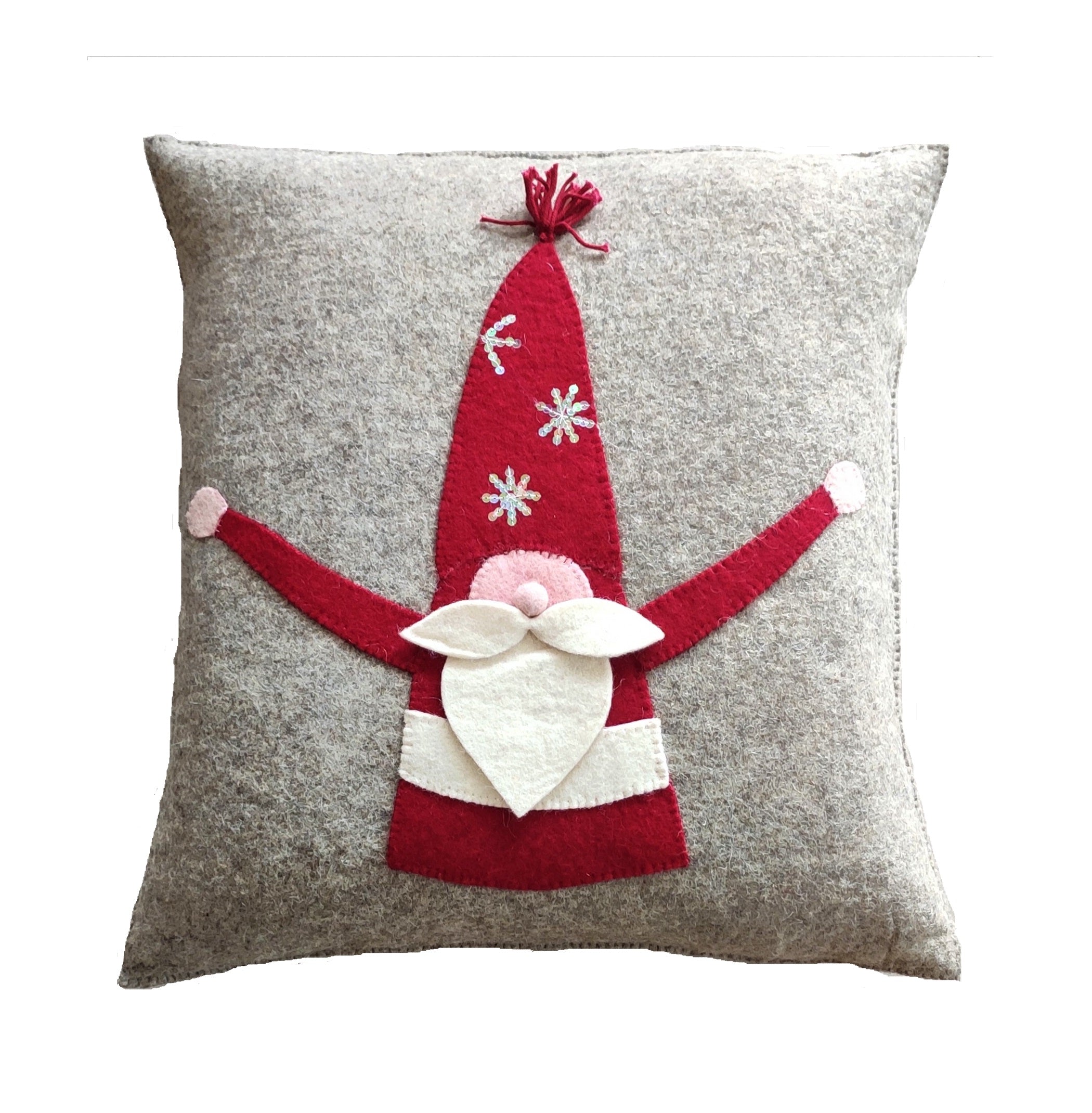 Hand Felted Wool Pillow - Gnome With Red Sequin Hat - 20"