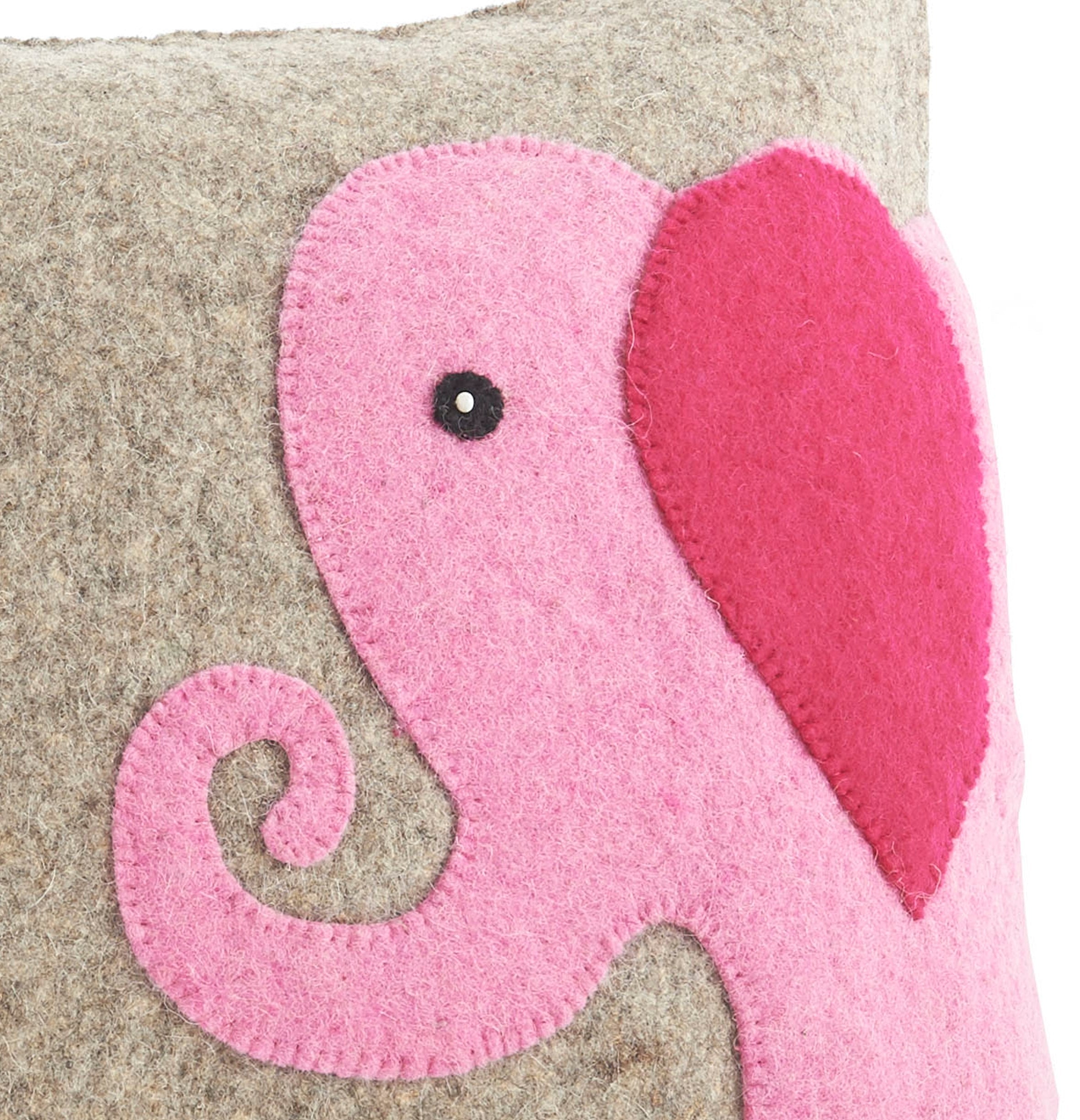 Handmade Pillow In Hand Felted Wool - Pink Elephant On Gray - 18"